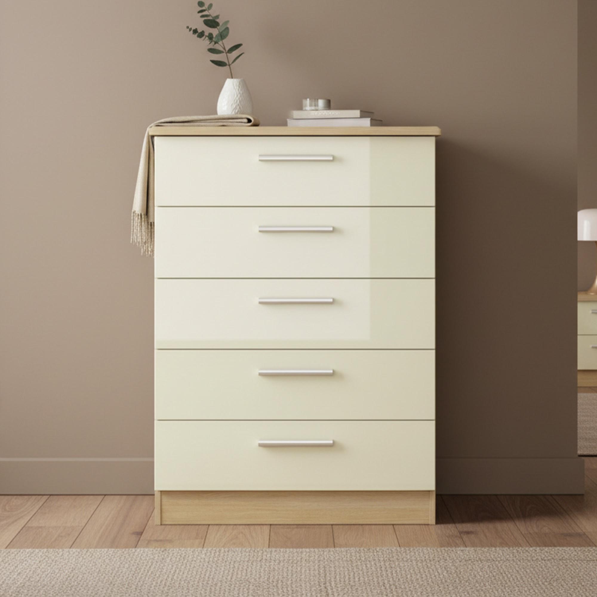 Knightsbridge Chest - 5 Drawer - Cream Gloss and Light Oak