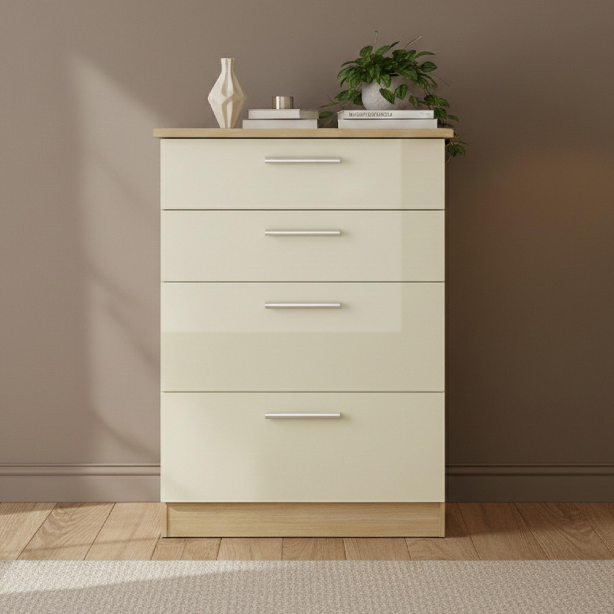 Knightsbridge Deep Chest - 4 Drawer - Cream Gloss and Light Oak