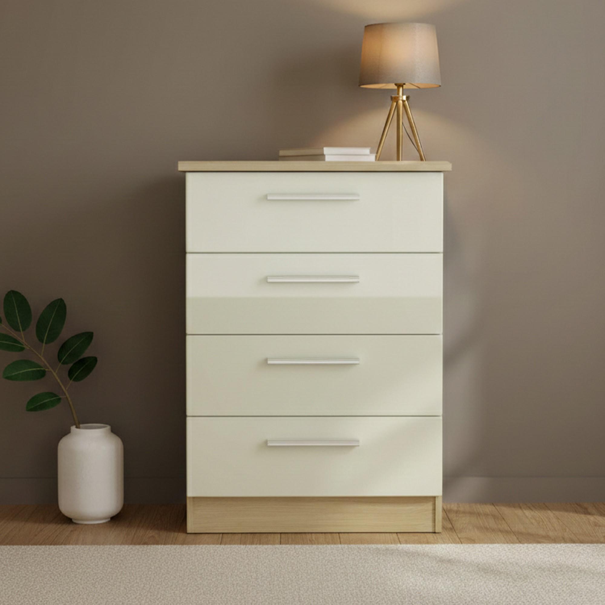 Knightsbridge Midi Chest - 4 Drawer - Cream Gloss and Light Oak