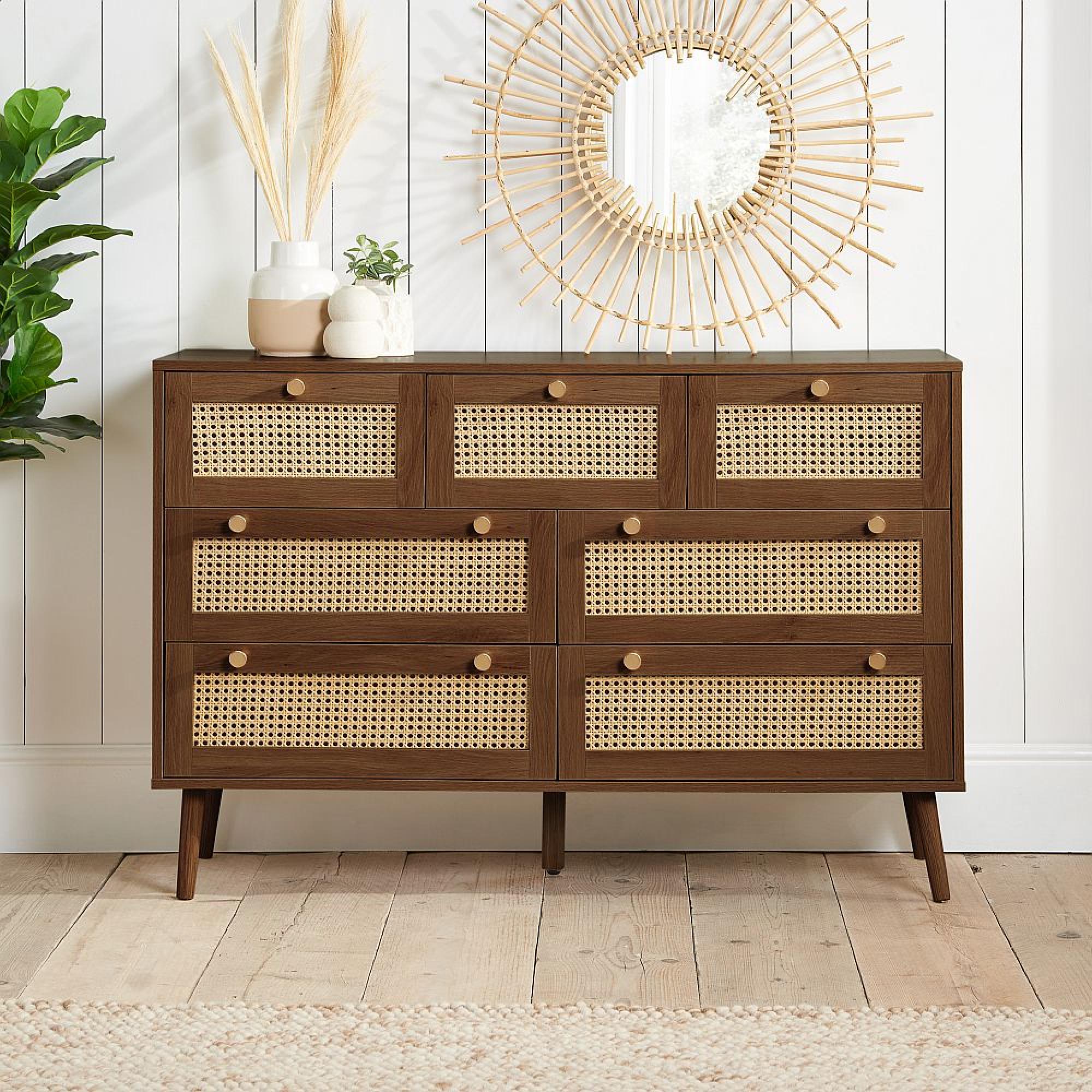 Croxley Wide Chest - 7 Drawer - Walnut and Rattan