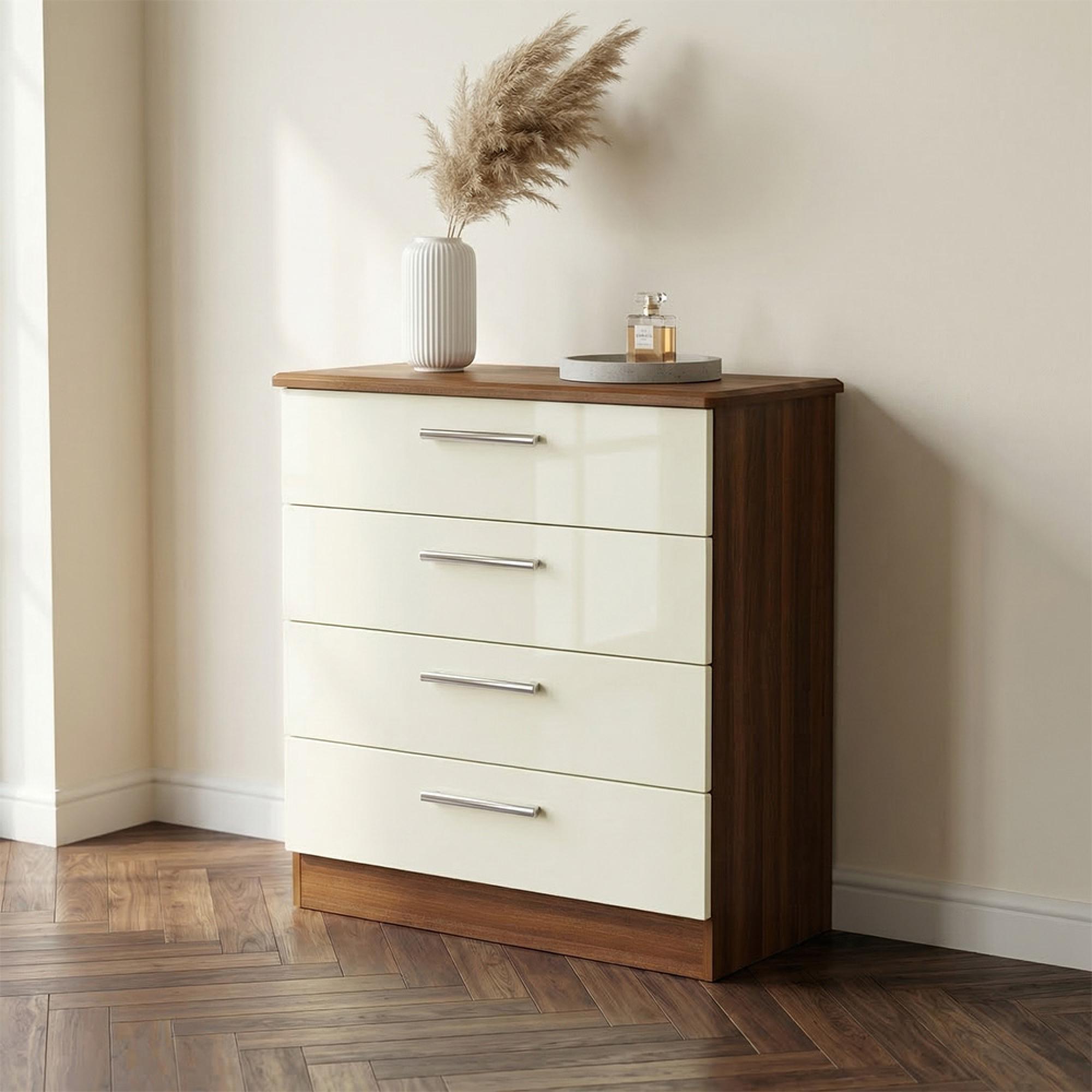 Knightsbridge Chest - 4 Drawer - Cream Gloss and Walnut