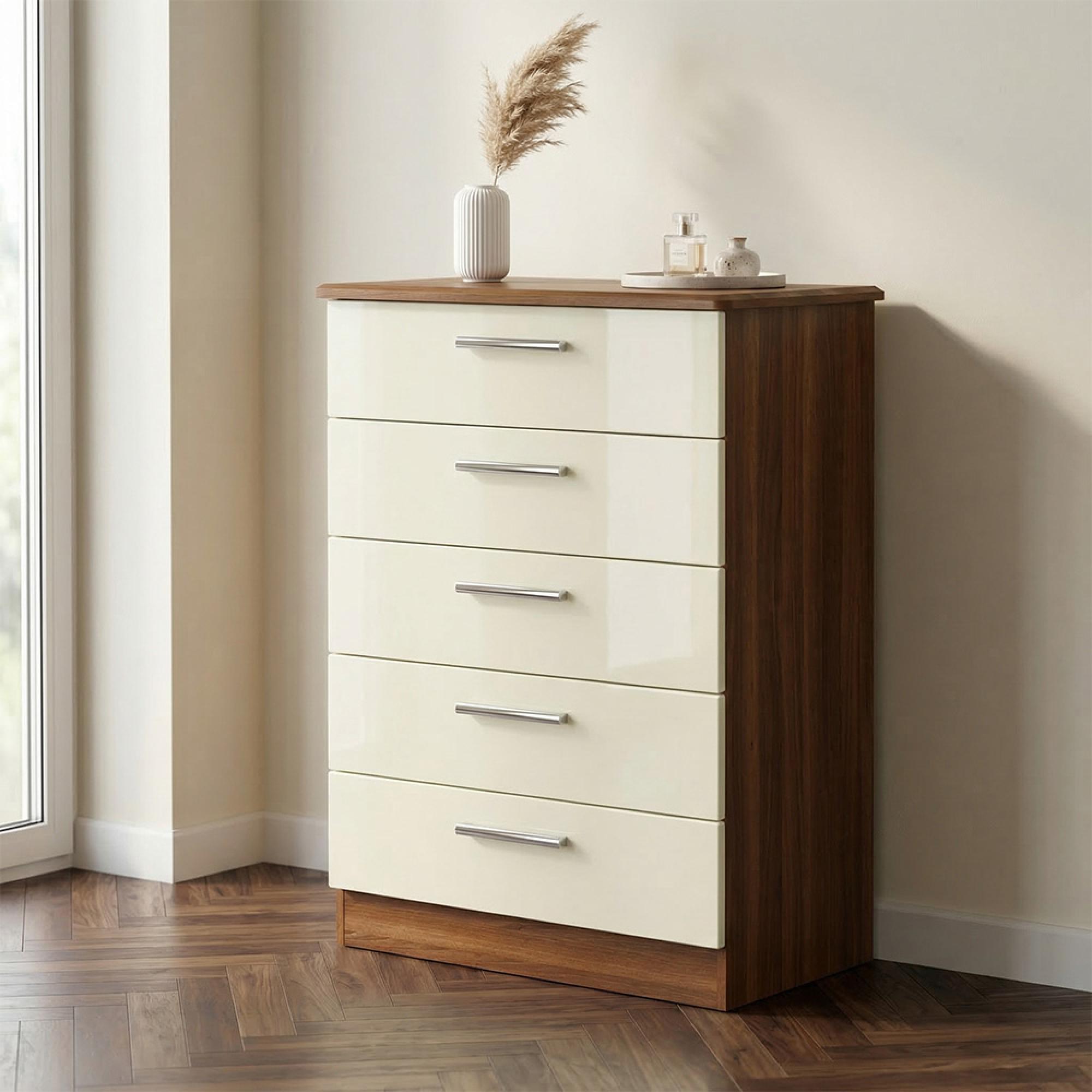Knightsbridge Chest - 5 Drawer - Cream Gloss and Walnut