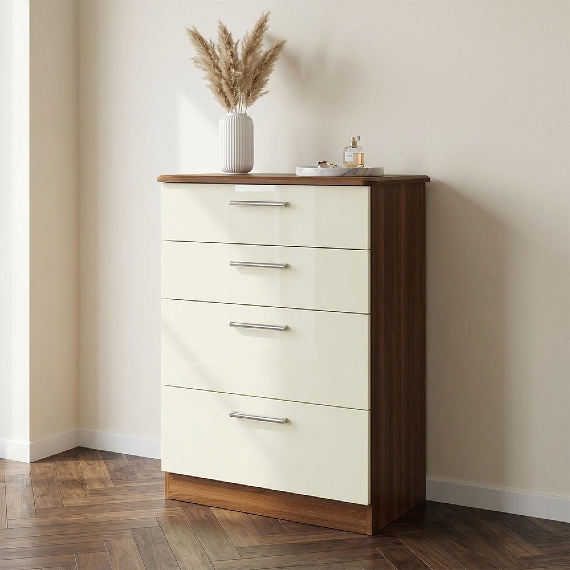 Knightsbridge Chest - Deep - 4 Drawer - Cream Gloss and Walnut