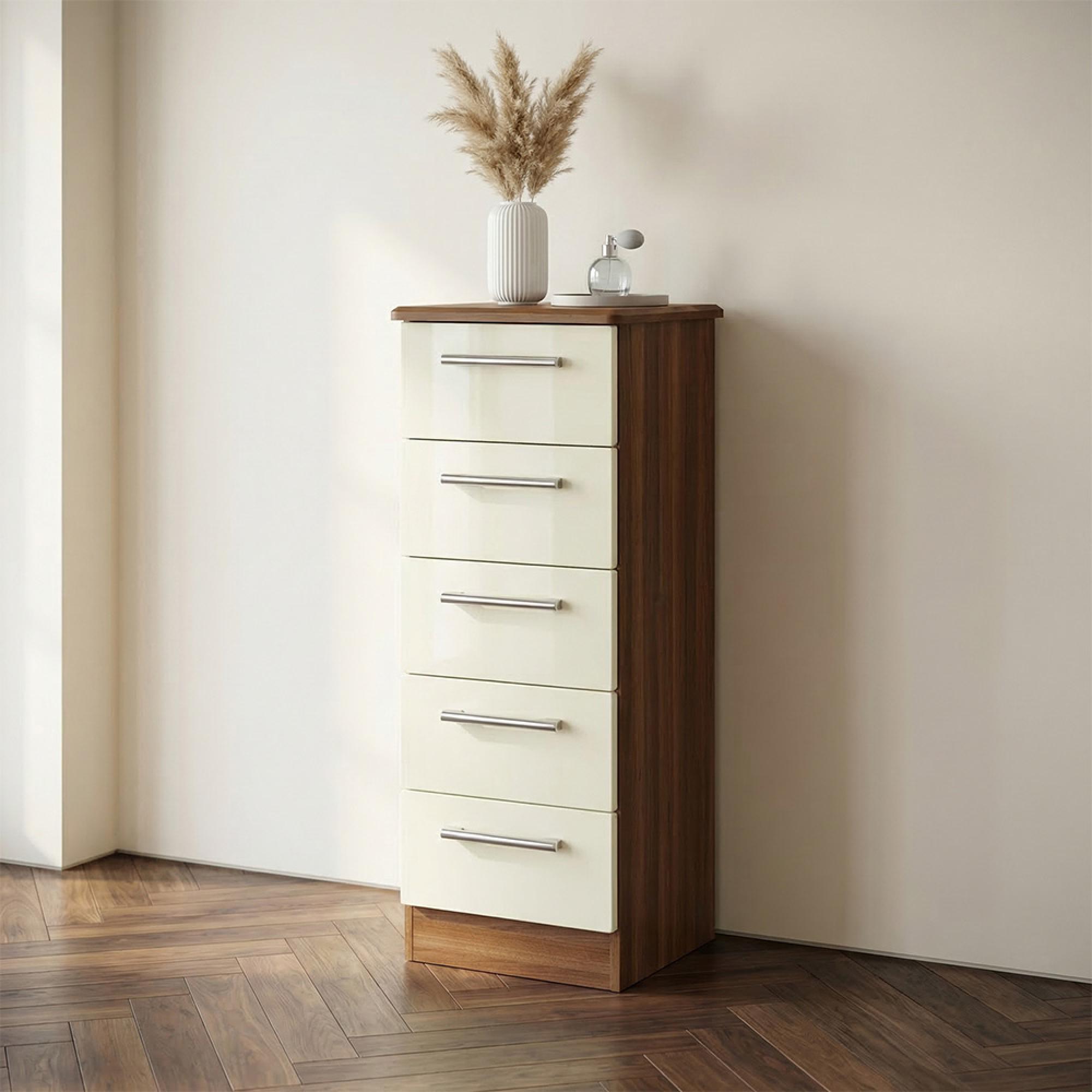 Knightsbridge Chest - Narrow - 5 Drawer - Cream Gloss and Walnut