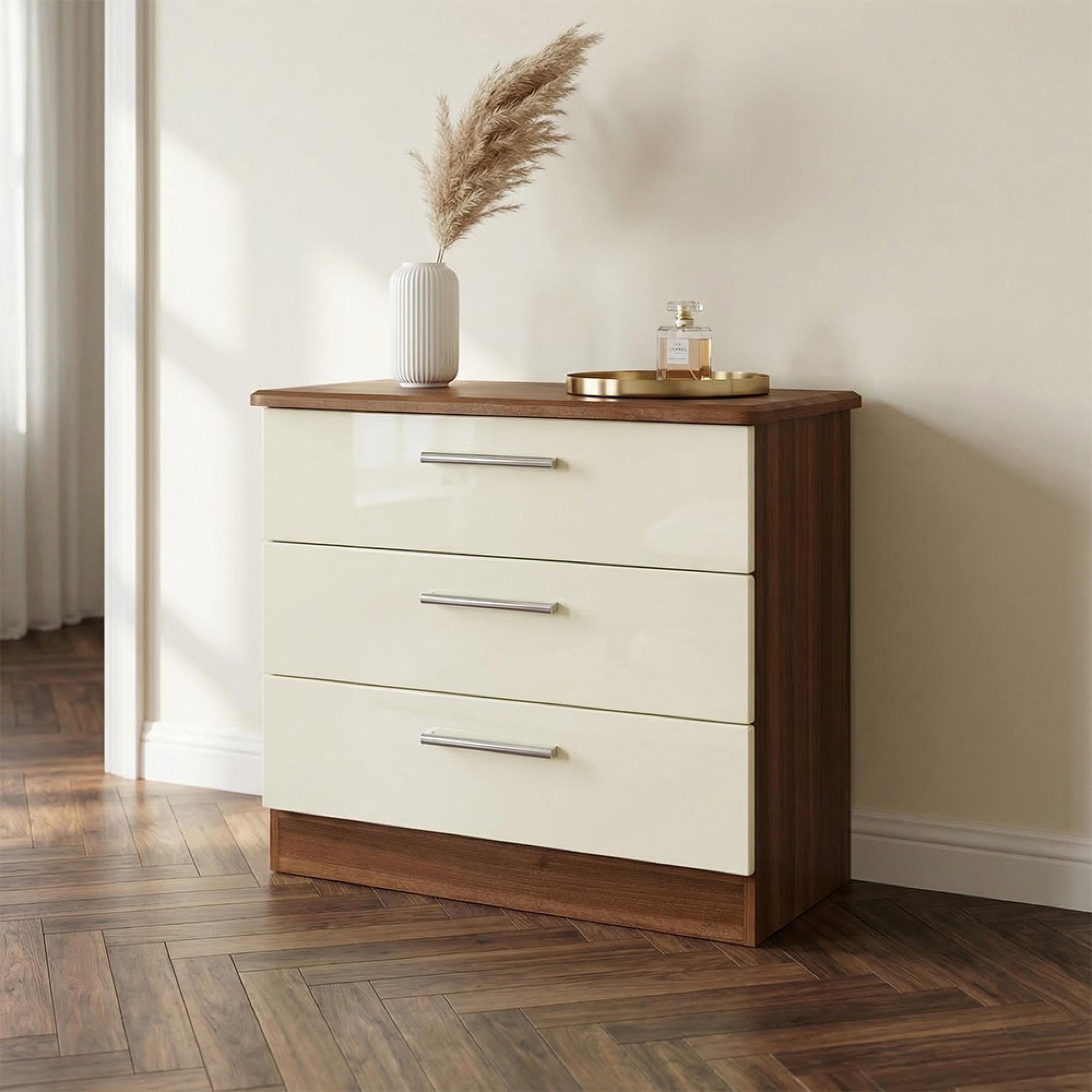 Knightsbridge Chest - Small - 3 Drawer - Cream Gloss and Walnut