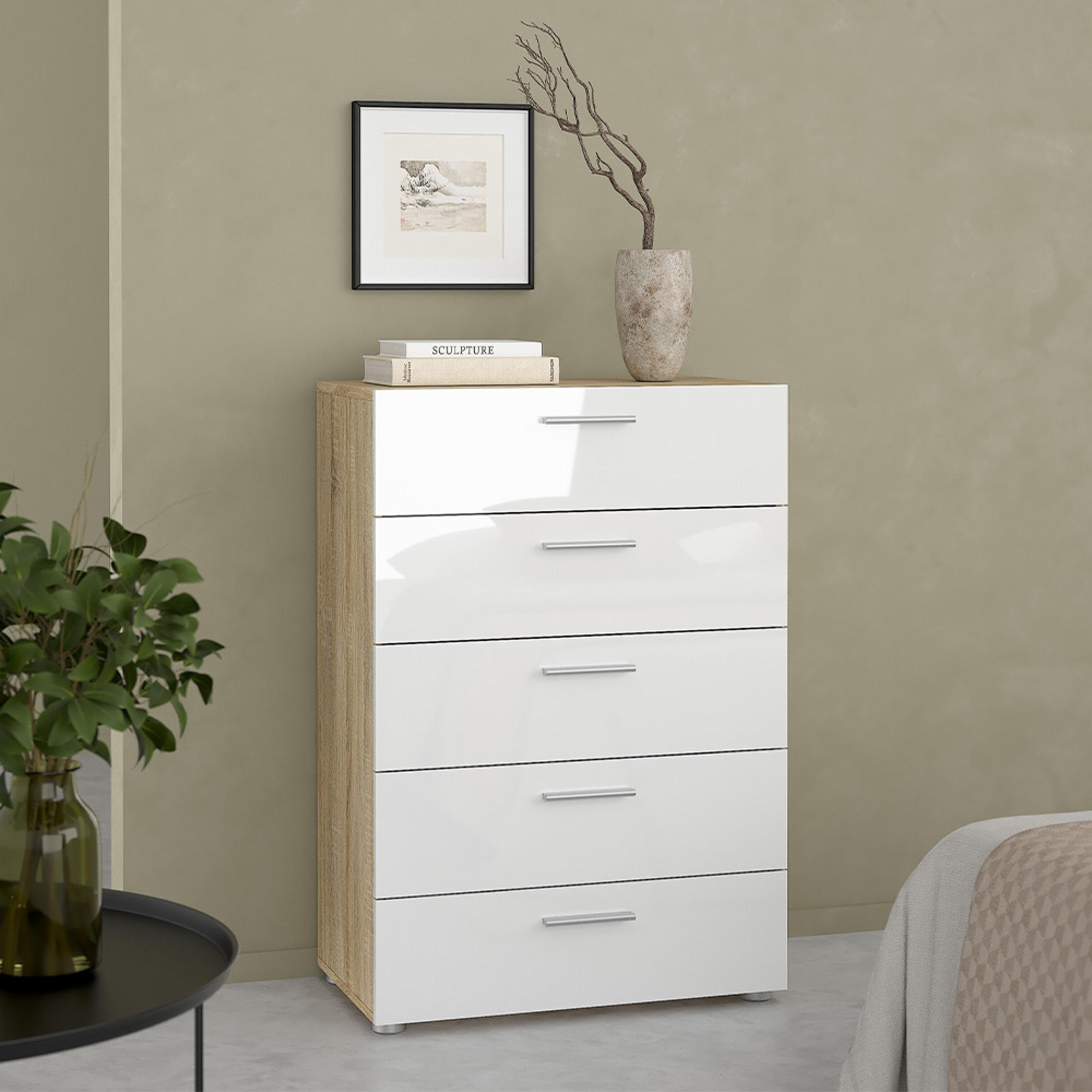 Pepe Chest - 5 Drawer - Oak and White Gloss