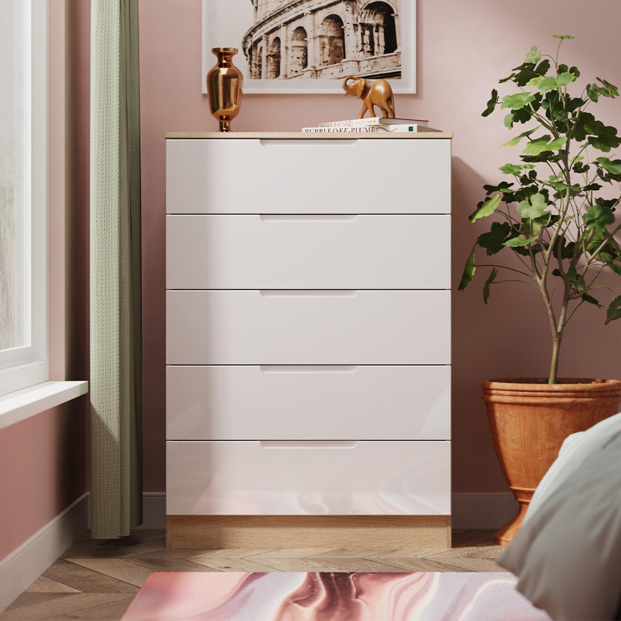 Milan Chest - 5 Drawer - White Gloss and Oak
