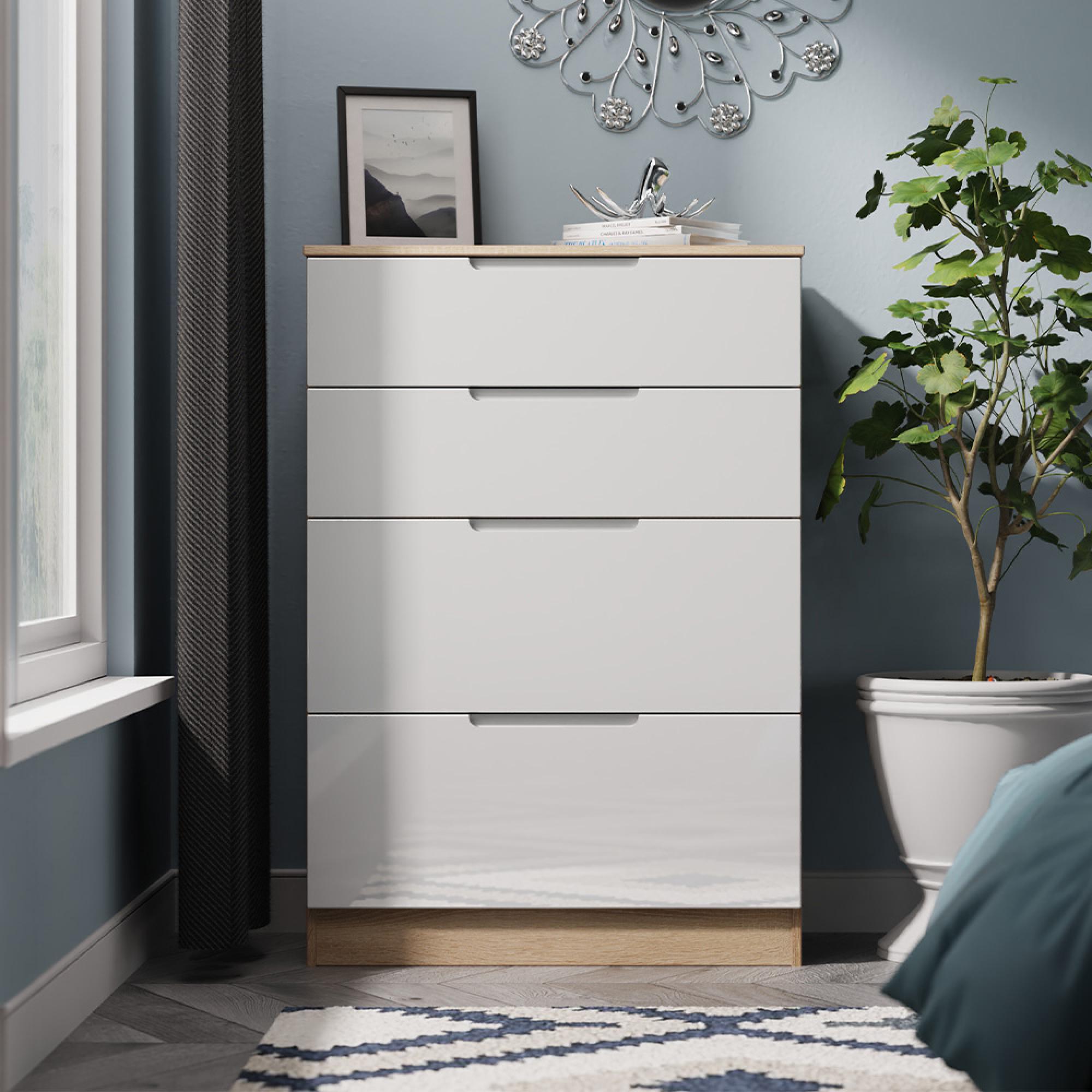 Milan Chest - Deep - 4 Drawer - White Gloss and Oak