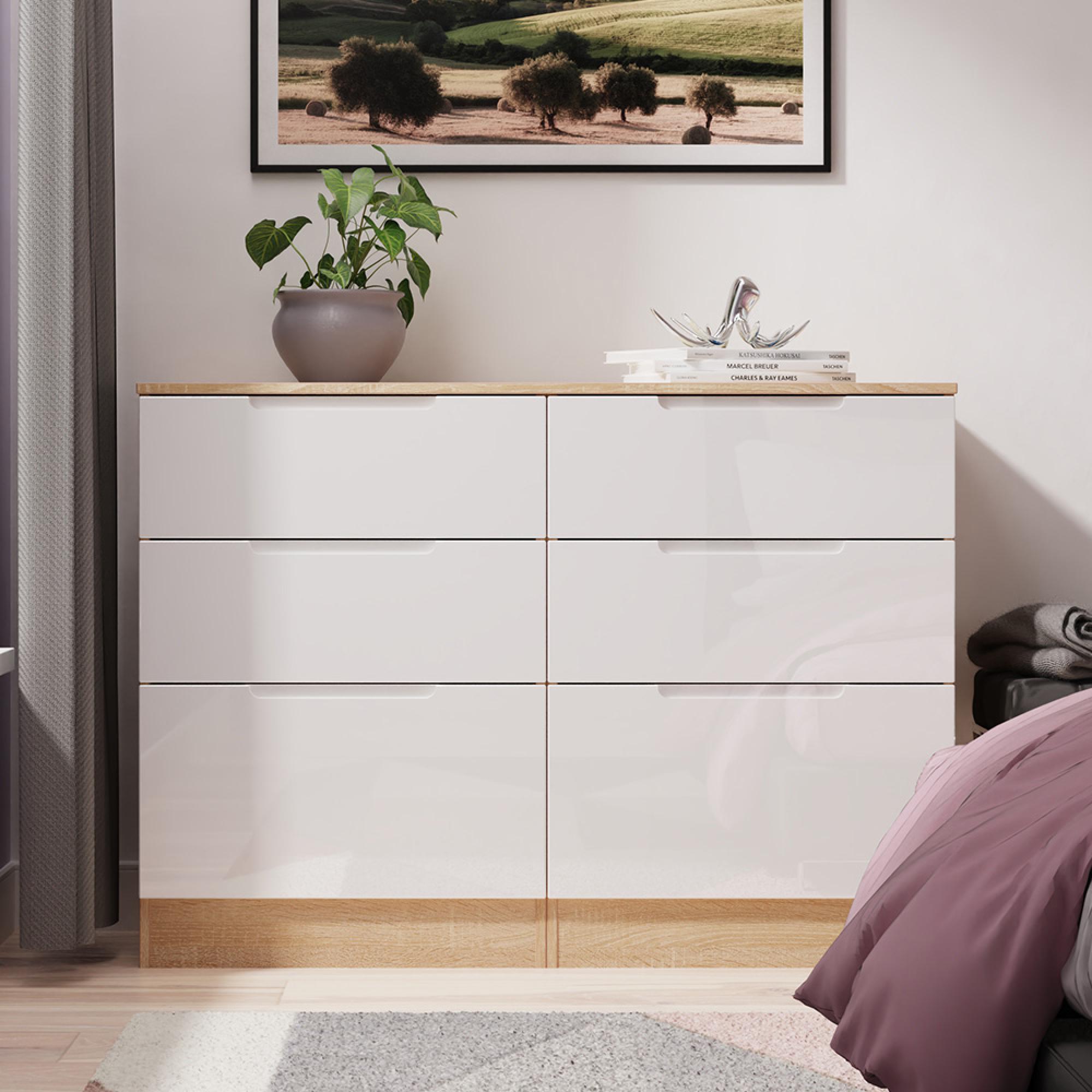 Milan Chest - Midi - 6 Drawer - White Gloss and Oak