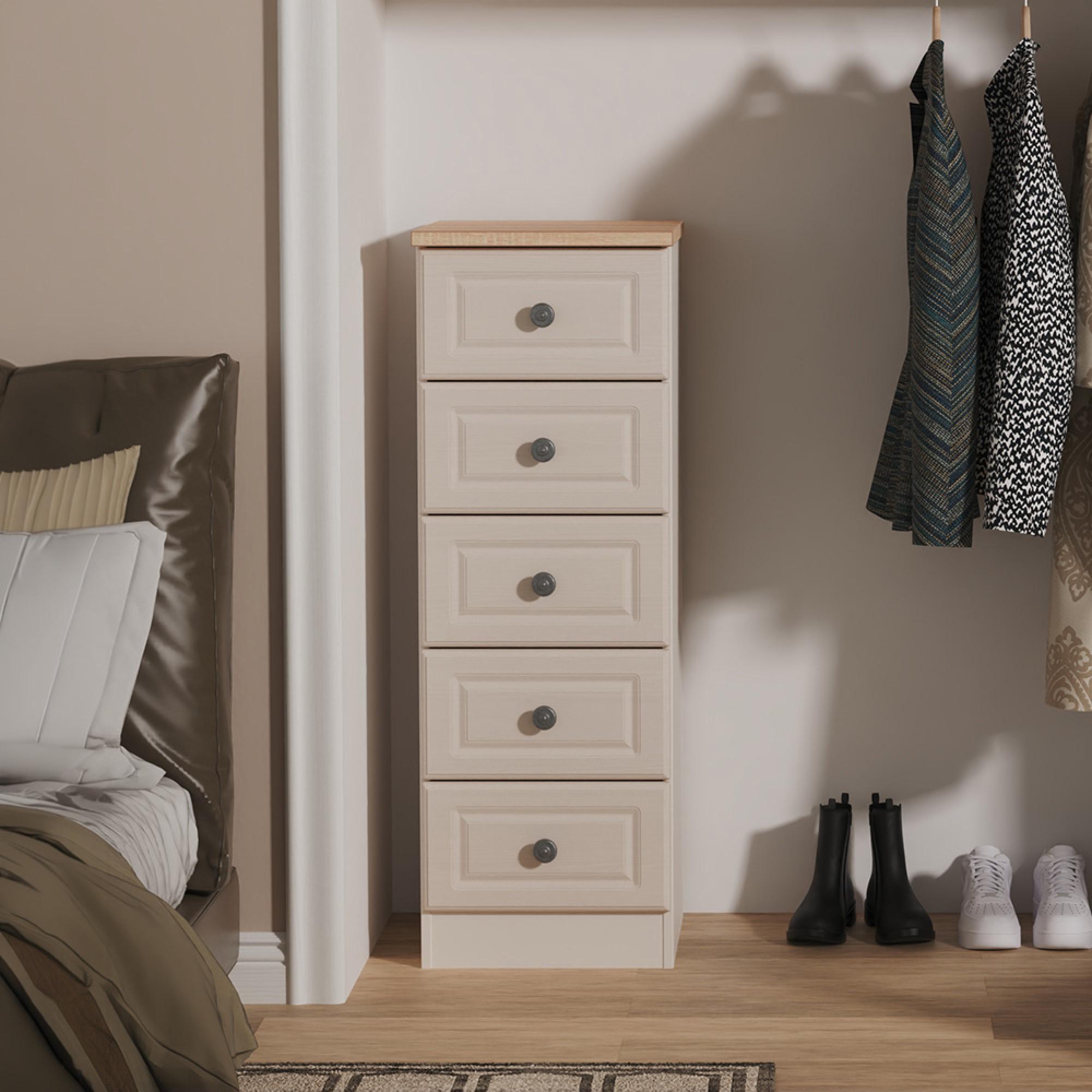Norfolk Chest - Narrow - 5 Drawer - Cashmere and Oak