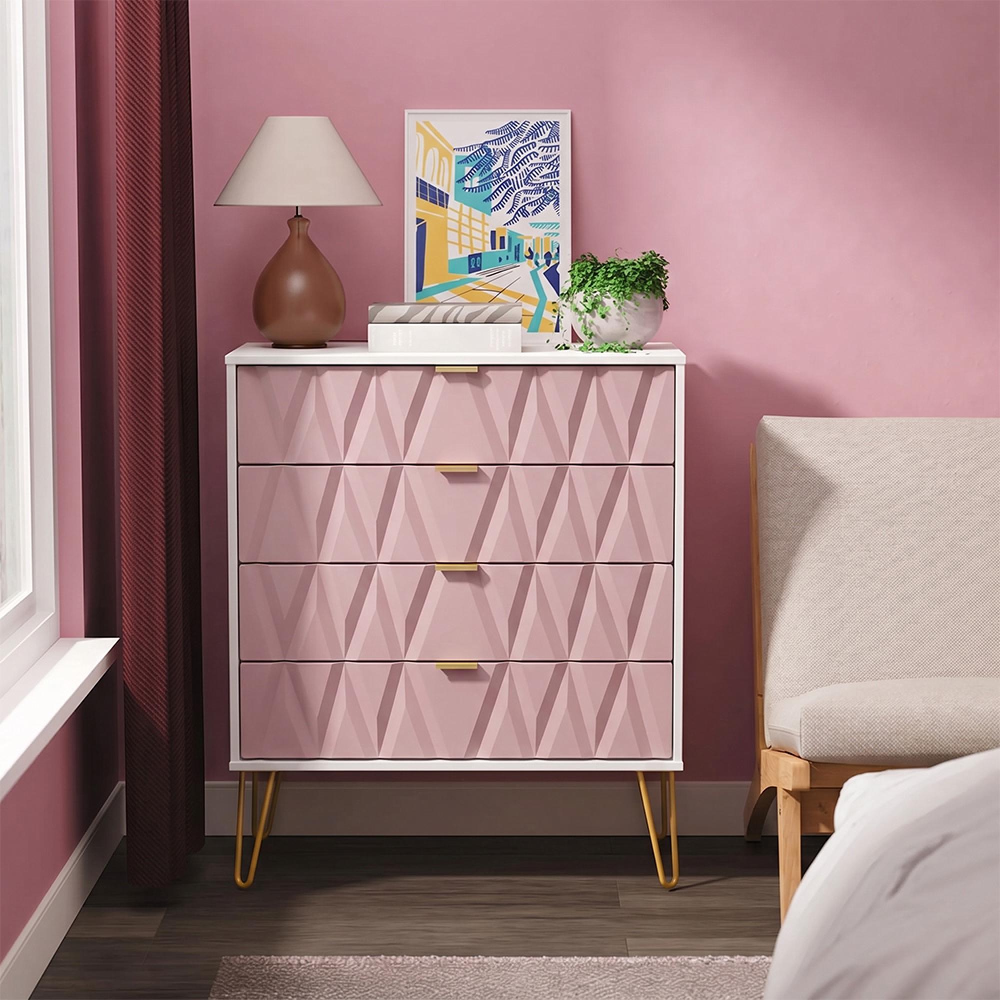 Diamond Chest - 4 Drawer - with Gold Hairpin Legs - Pink and White