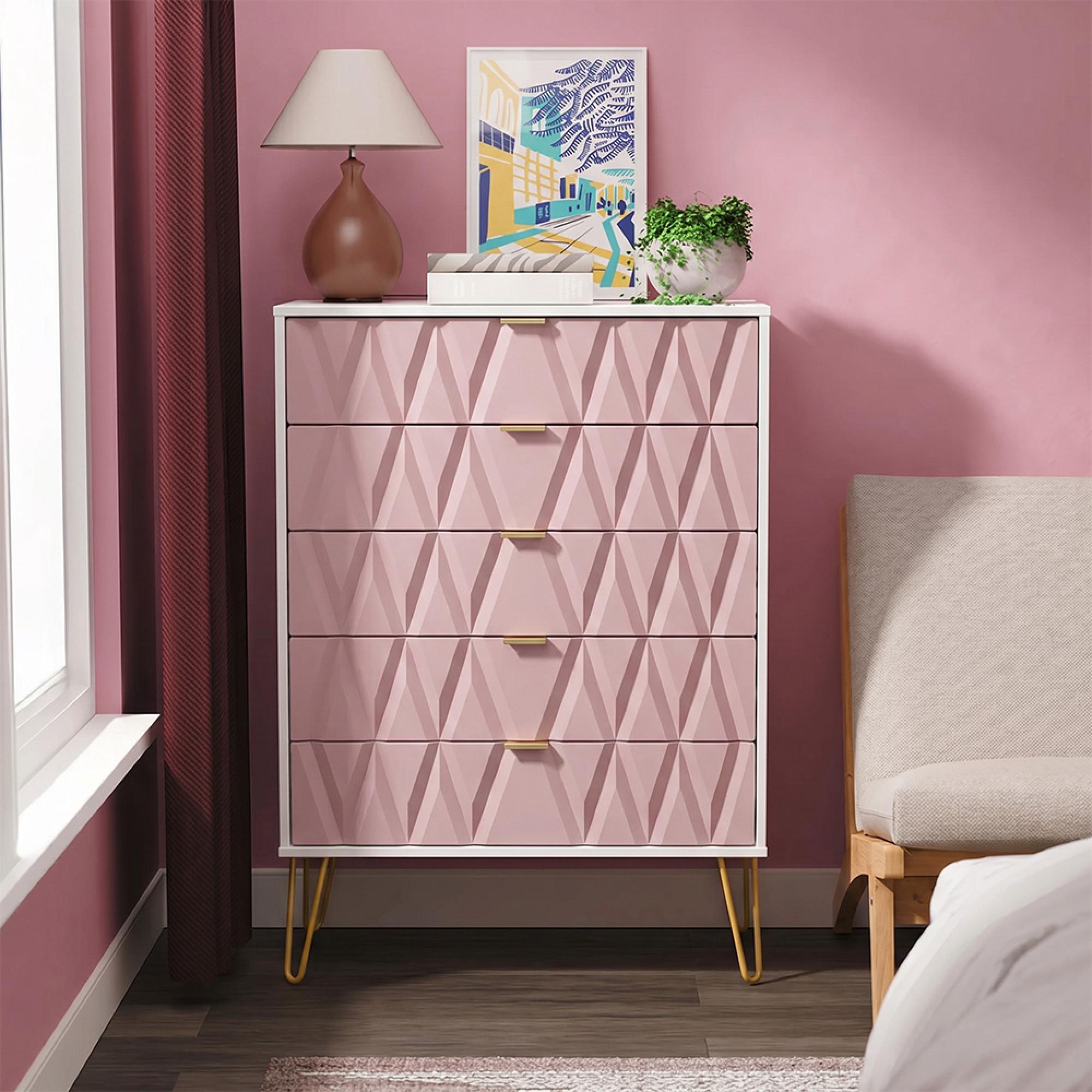 Diamond Chest - 5 Drawer - with Gold Hairpin Legs - Pink and White