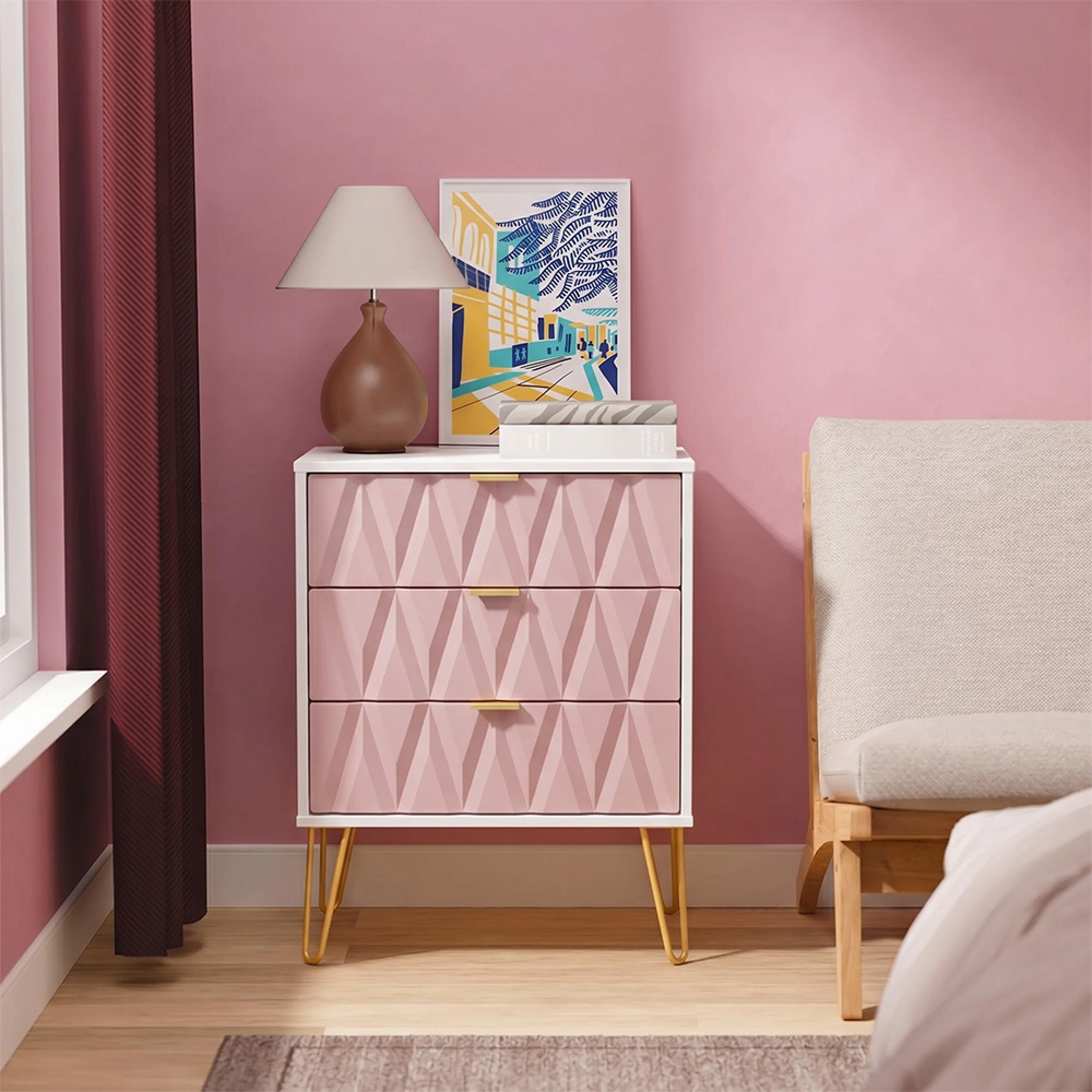 Diamond Midi Chest - 3 Drawer - with Gold Hairpin Legs - Pink and White