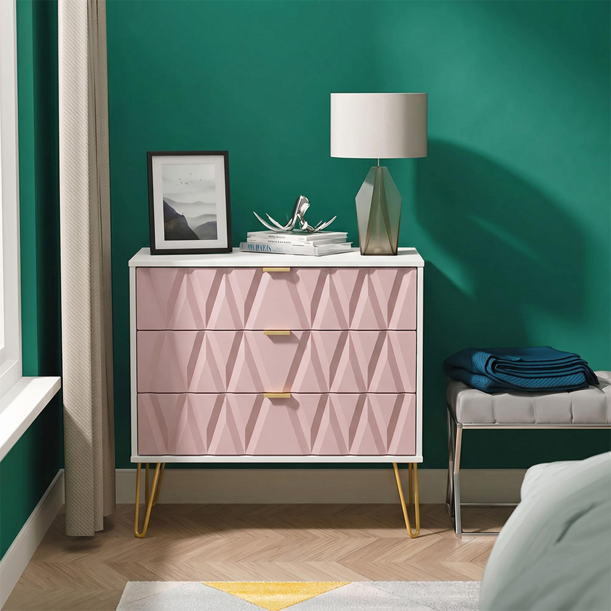 Diamond Small Chest - 3 Drawer - with Gold Hairpin Legs - Pink and White