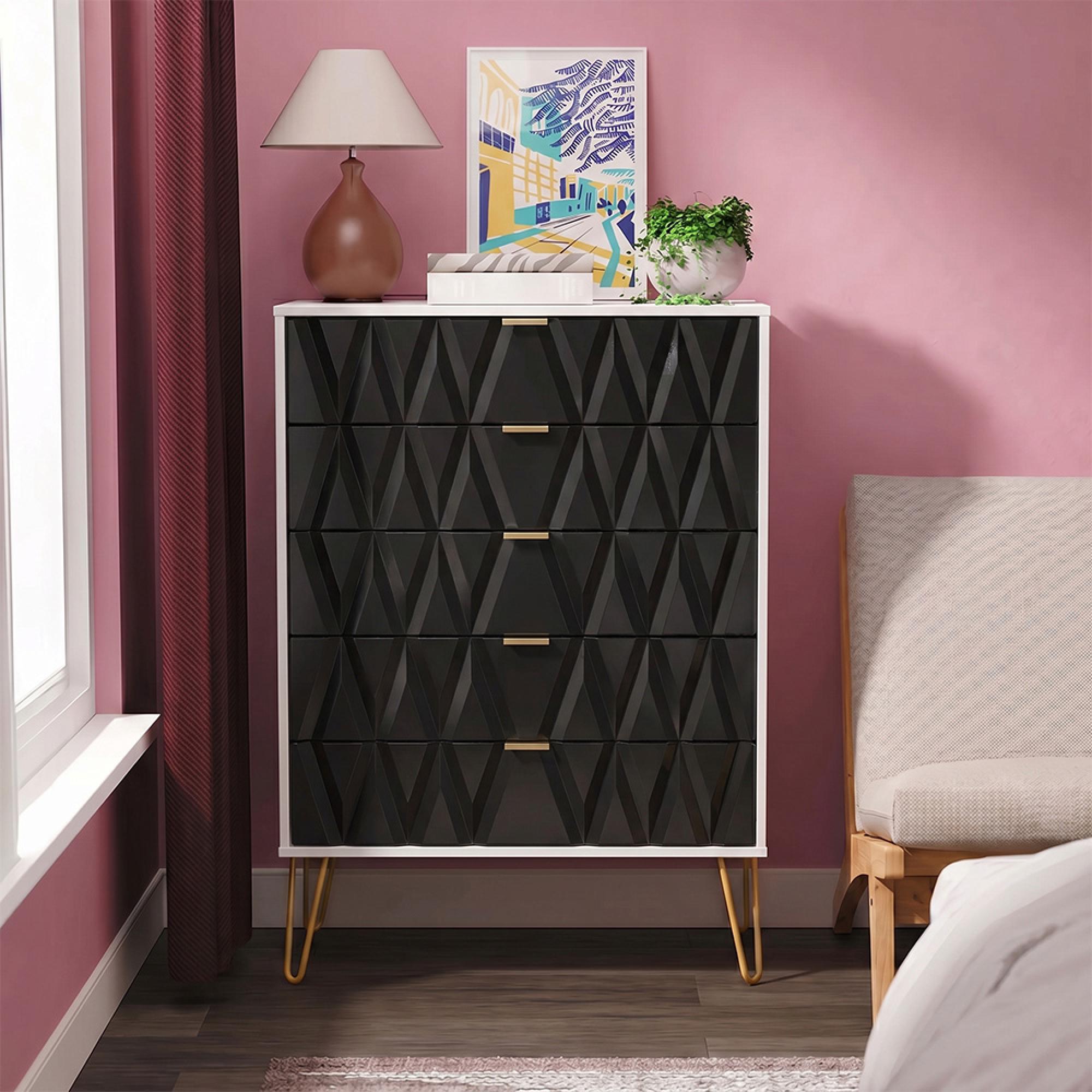Diamond Chest - 5 Drawer - with Gold Hairpin Legs - Black and White