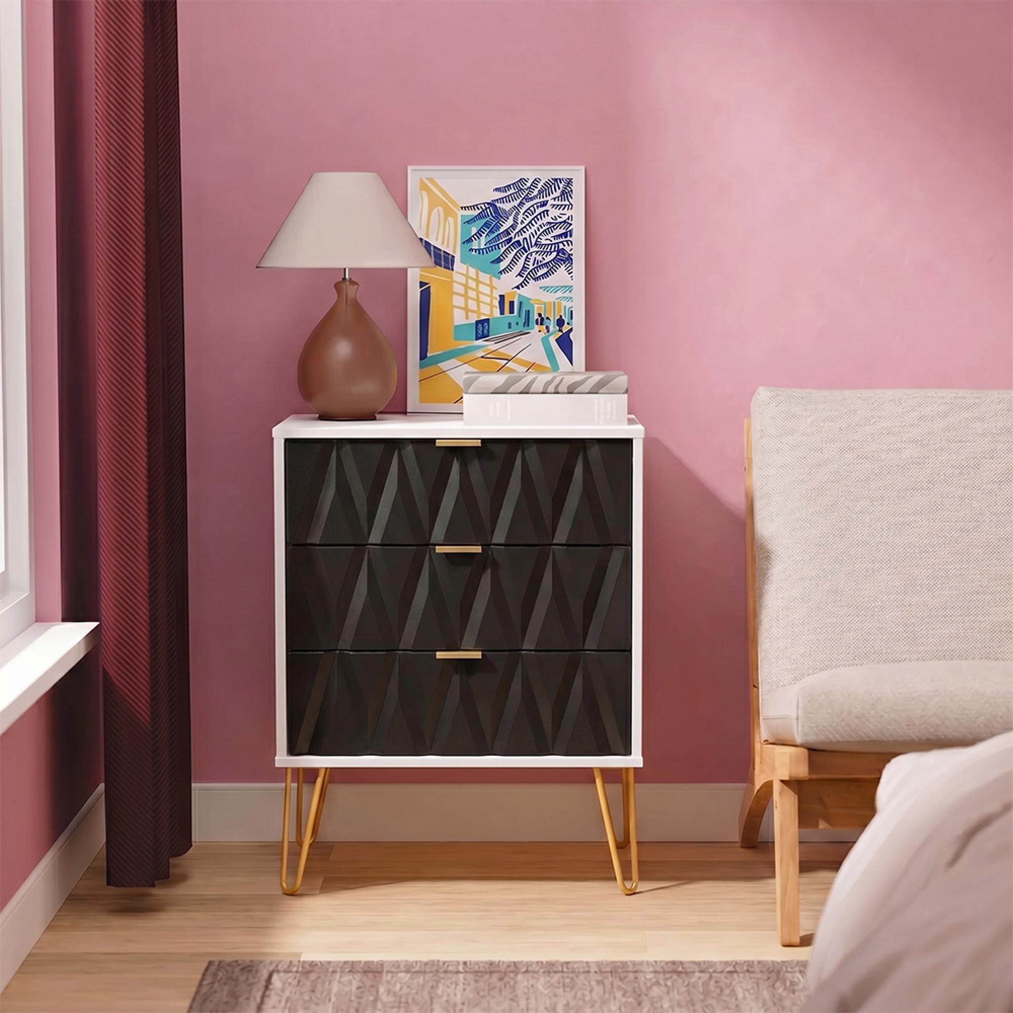 Diamond Midi Chest - 3 Drawer - with Gold Hairpin Legs - Black and White