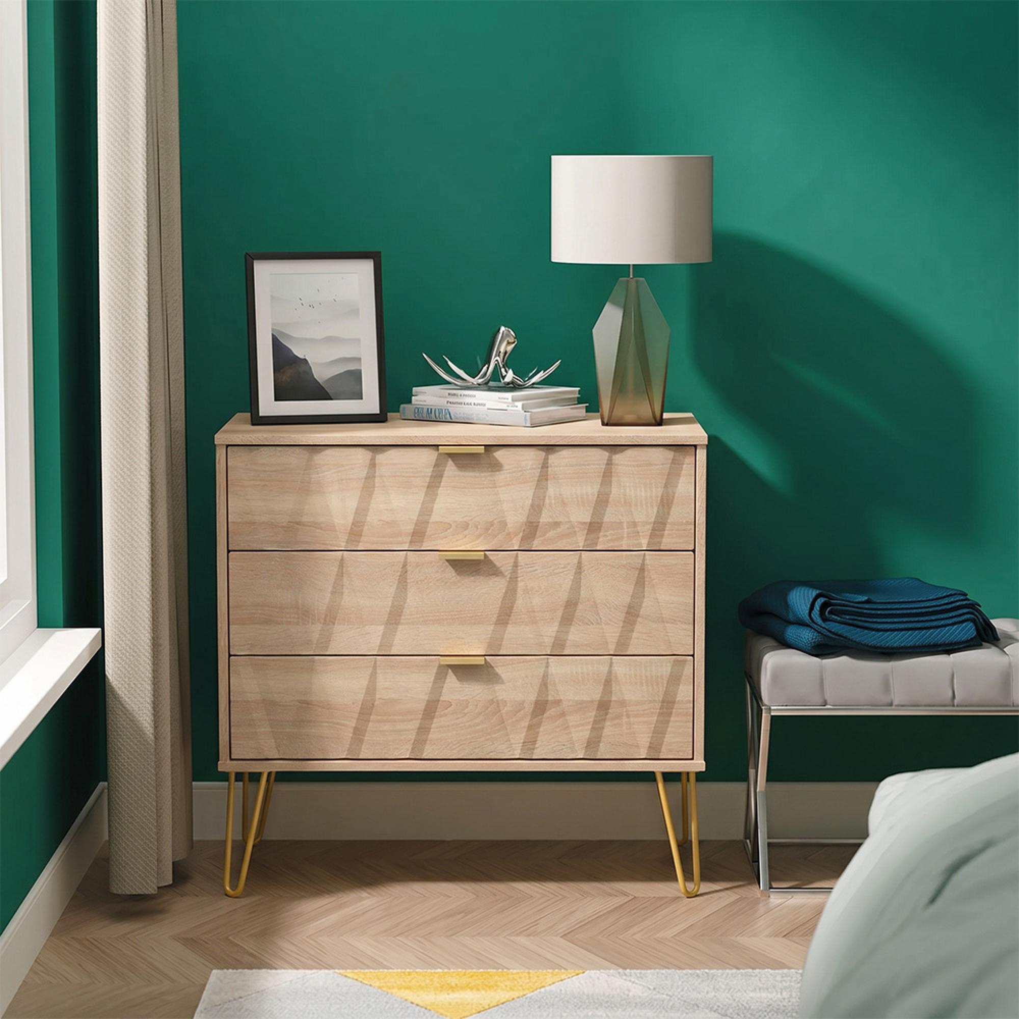 Diamond Small Chest - 3 Drawer - with Gold Hairpin Legs - Oak