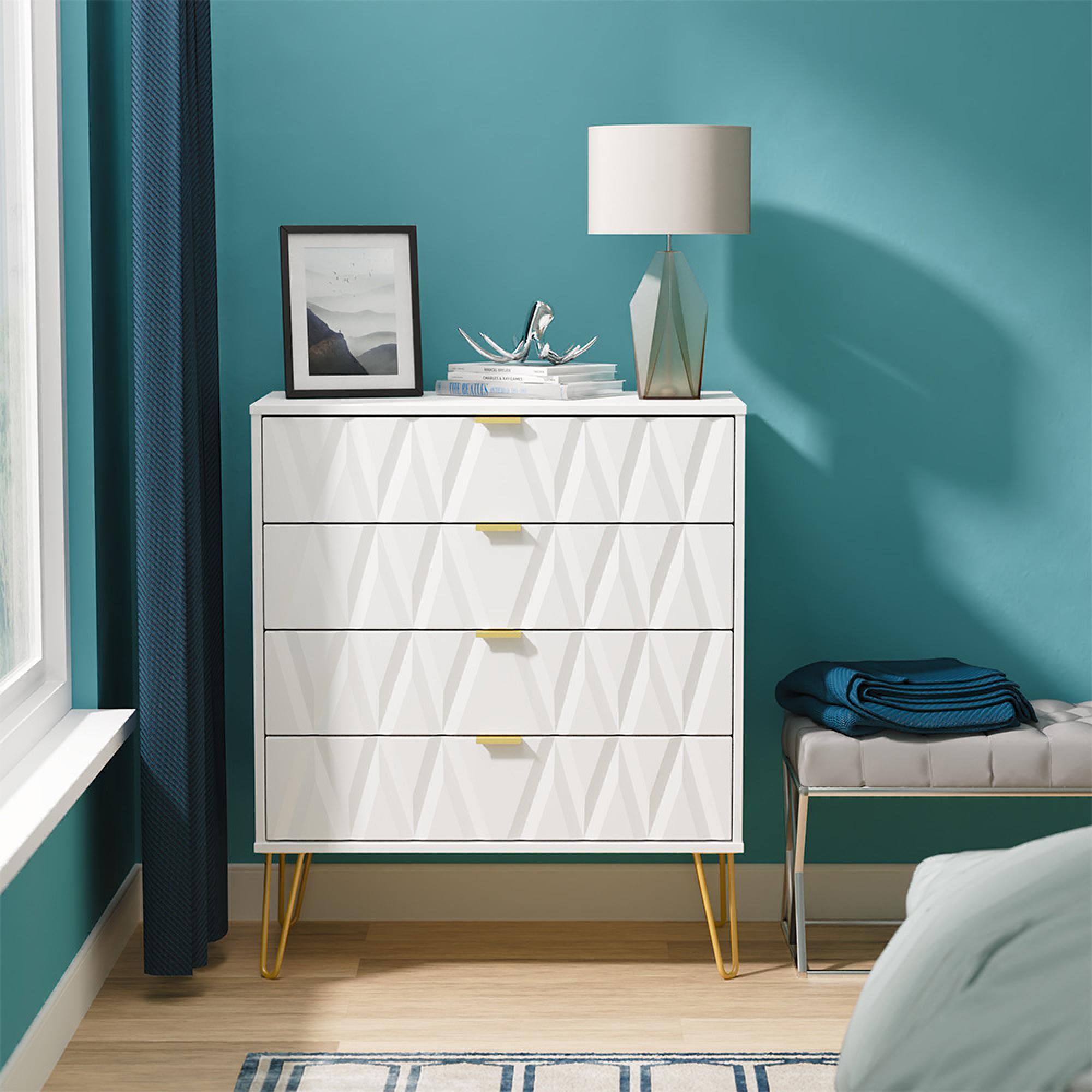 Diamond Chest - 4 Drawer - with Gold Hairpin Legs - White