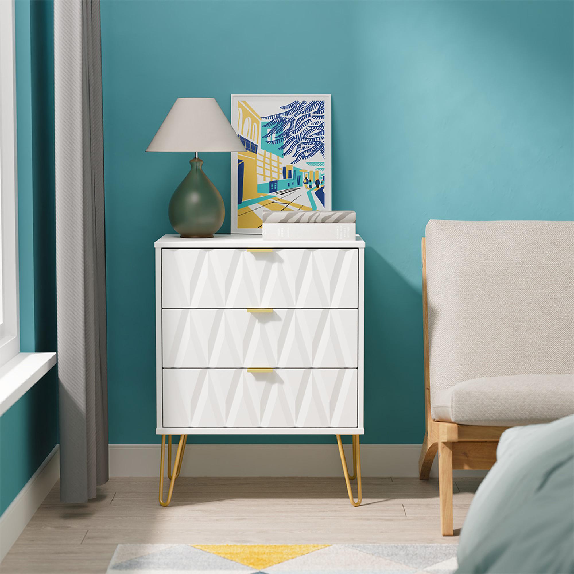 Diamond Midi Chest - 3 Drawer - with Gold Hairpin Legs - White