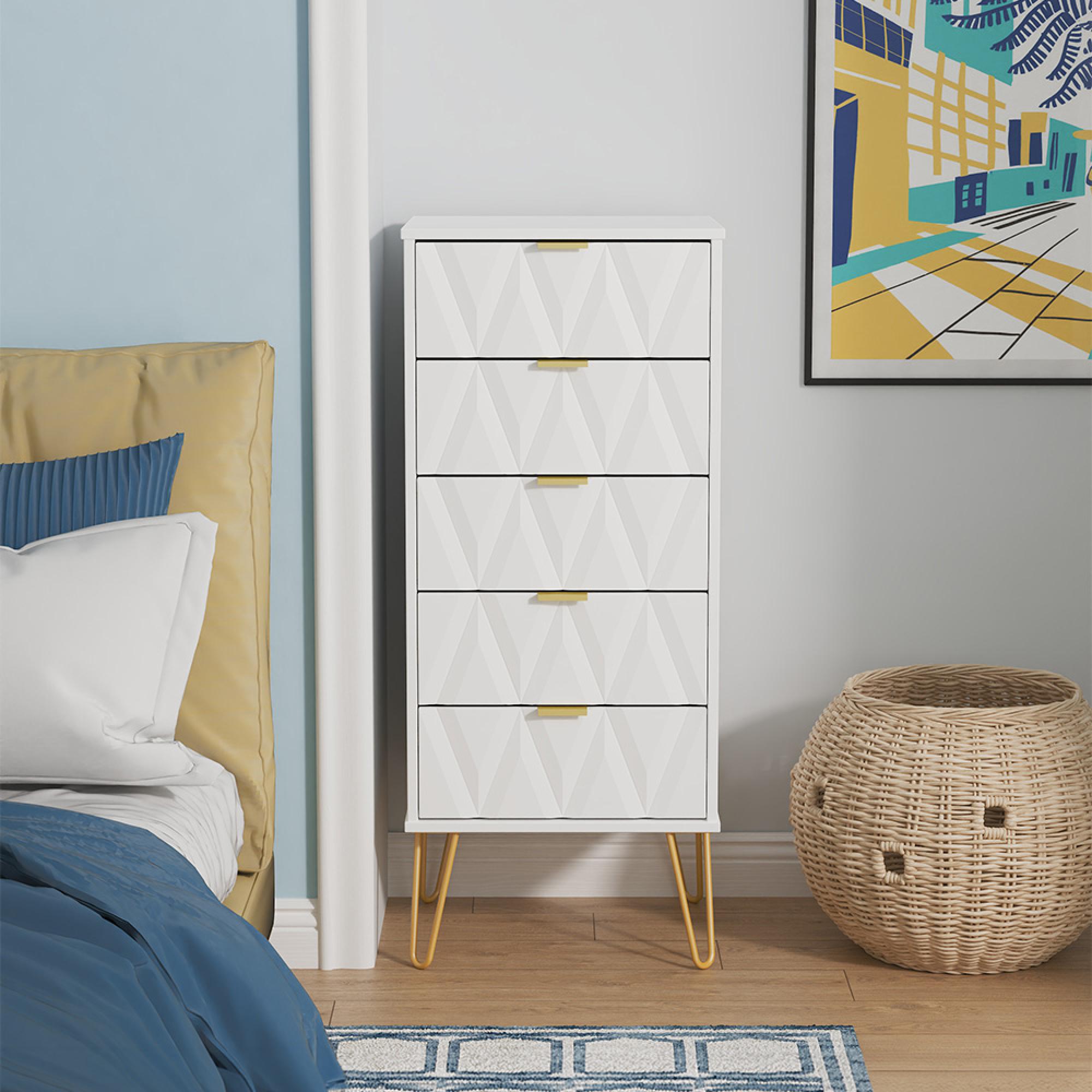 Diamond Narrow Chest - 5 Drawer - with Gold Hairpin Legs - White