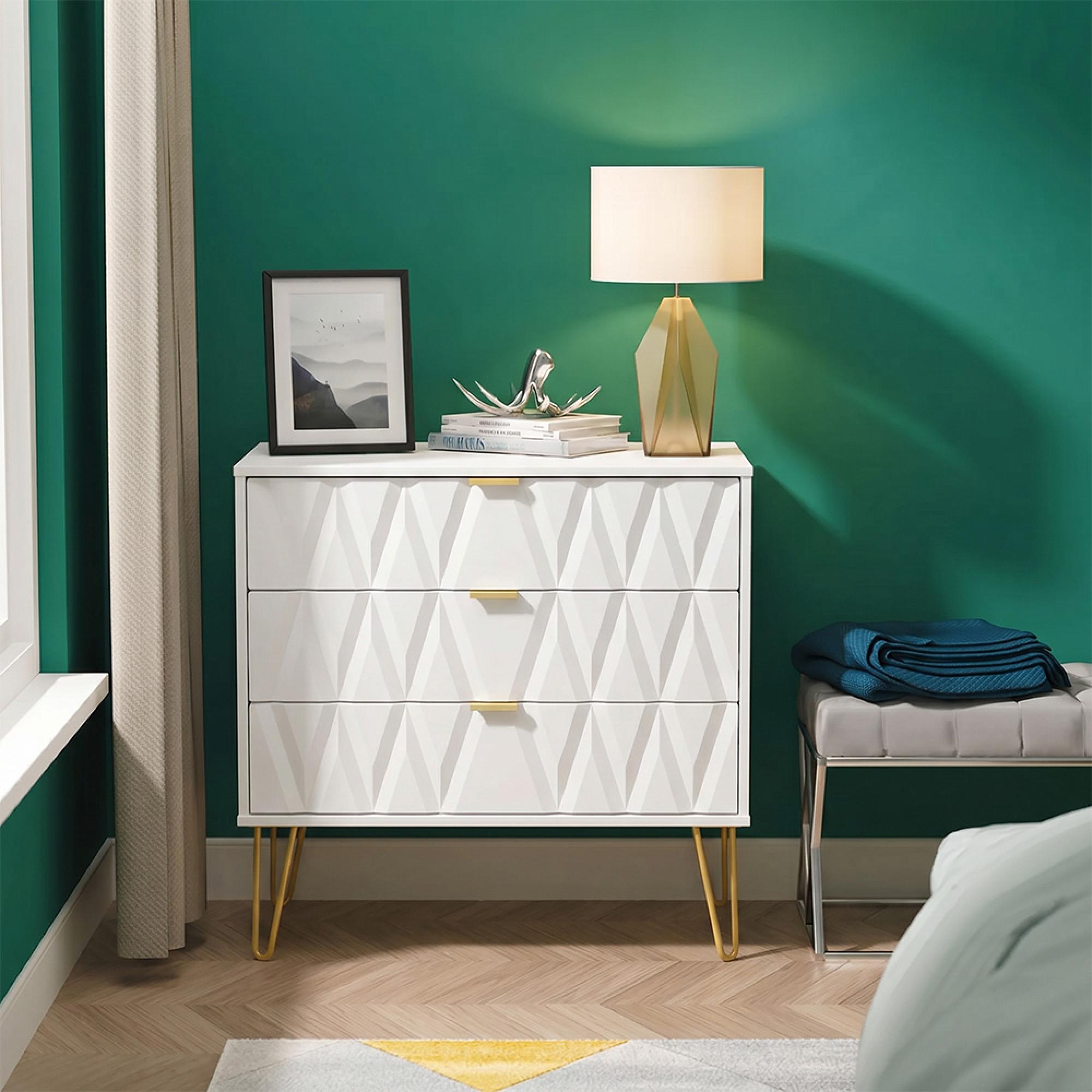 Diamond Small Chest - 3 Drawer - with Gold Hairpin Legs - White