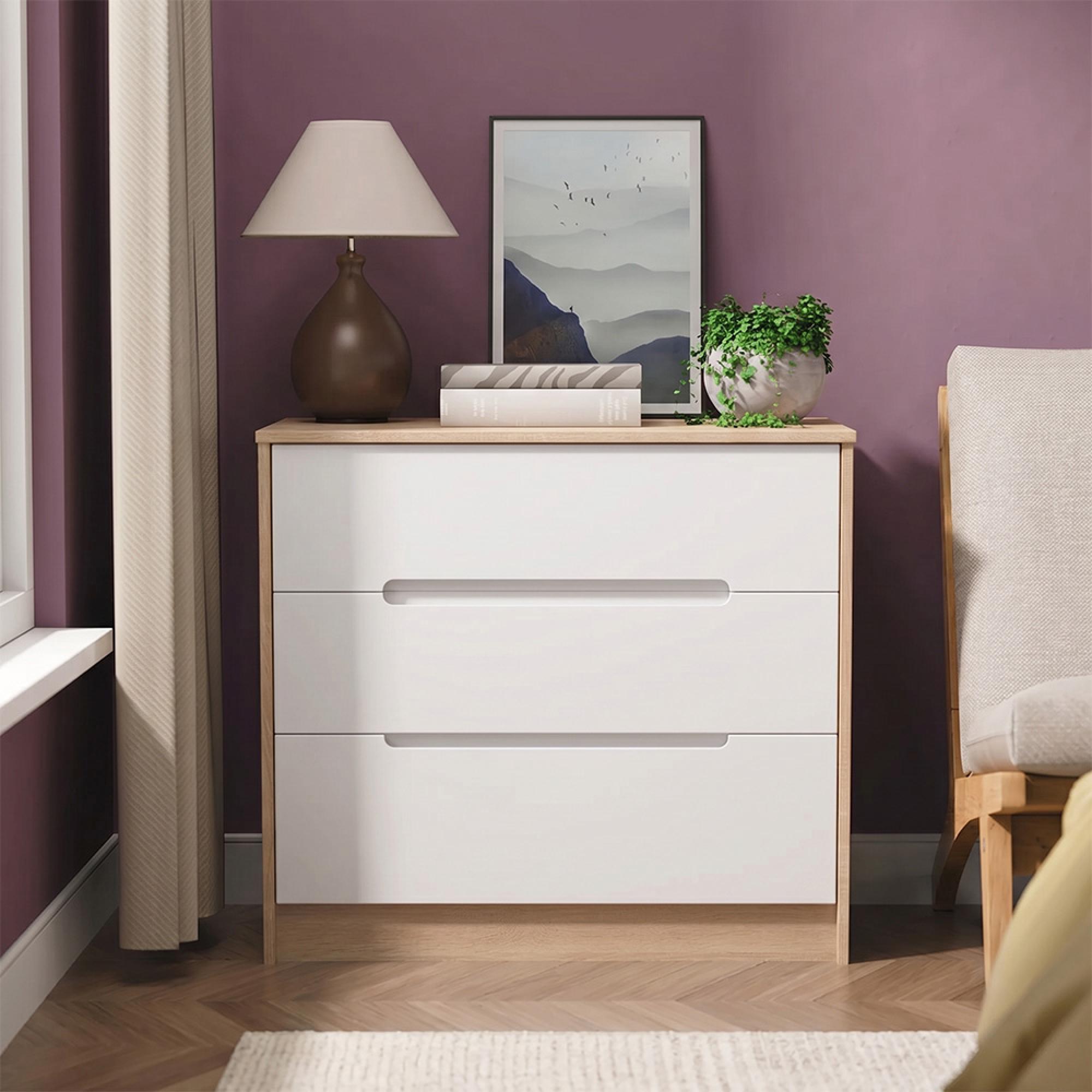 Monaco Chest - Deep - 3 Drawer - White Matt and Oak