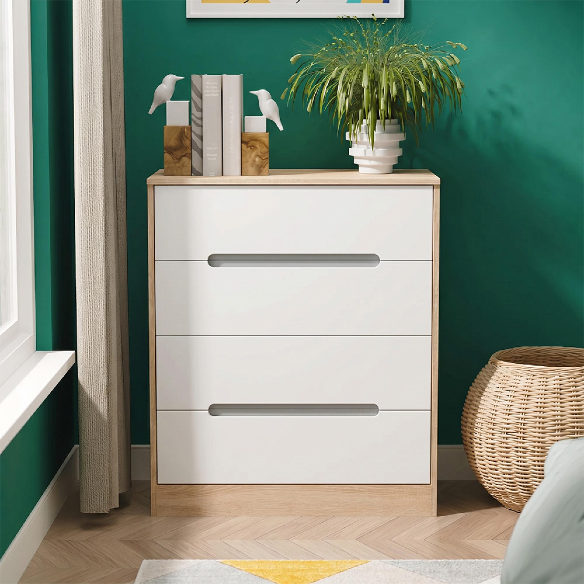 Monaco Chest - Deep - 4 Drawer - White Matt and Oak