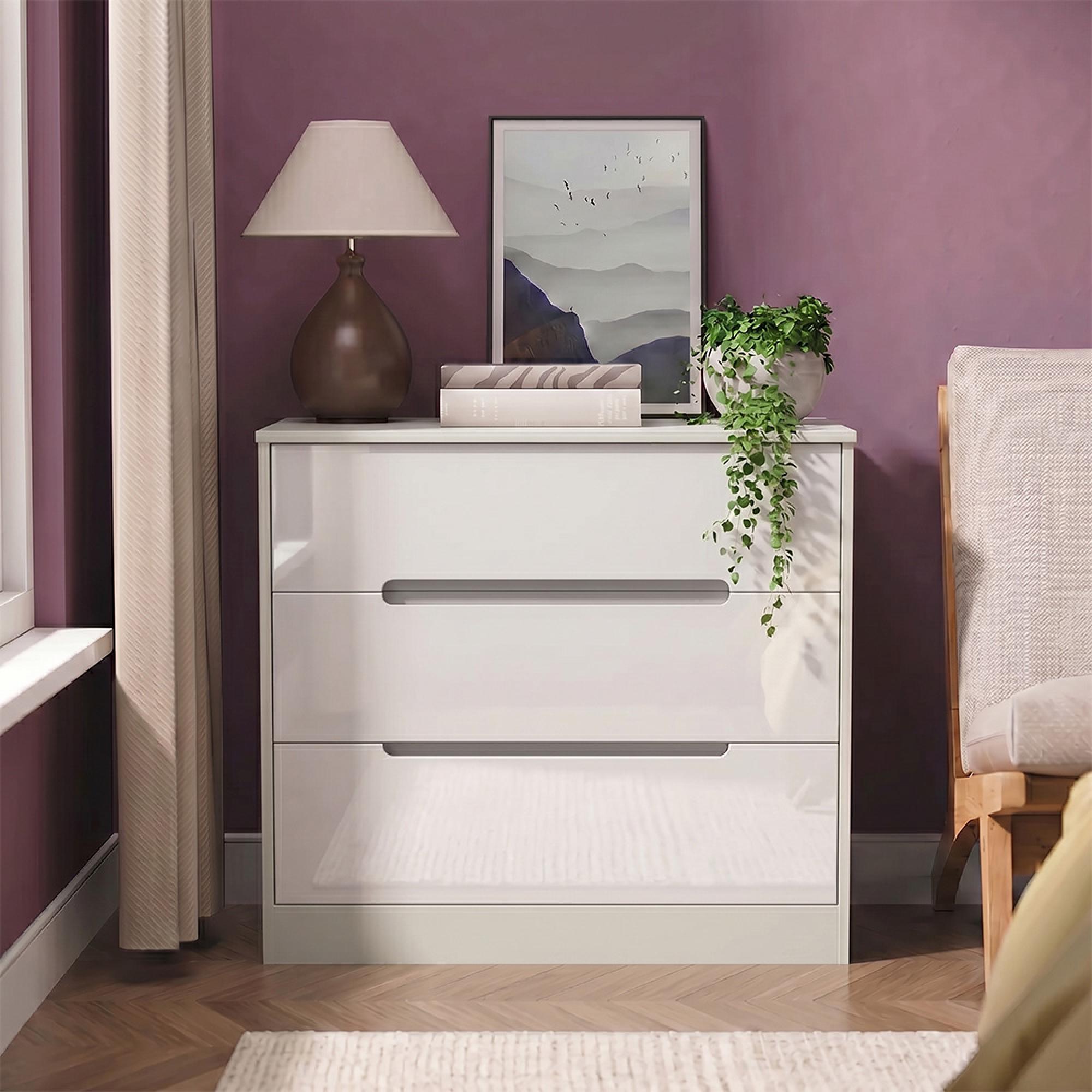 Monaco Chest - Deep - 3 Drawer - White Gloss and Cashmere