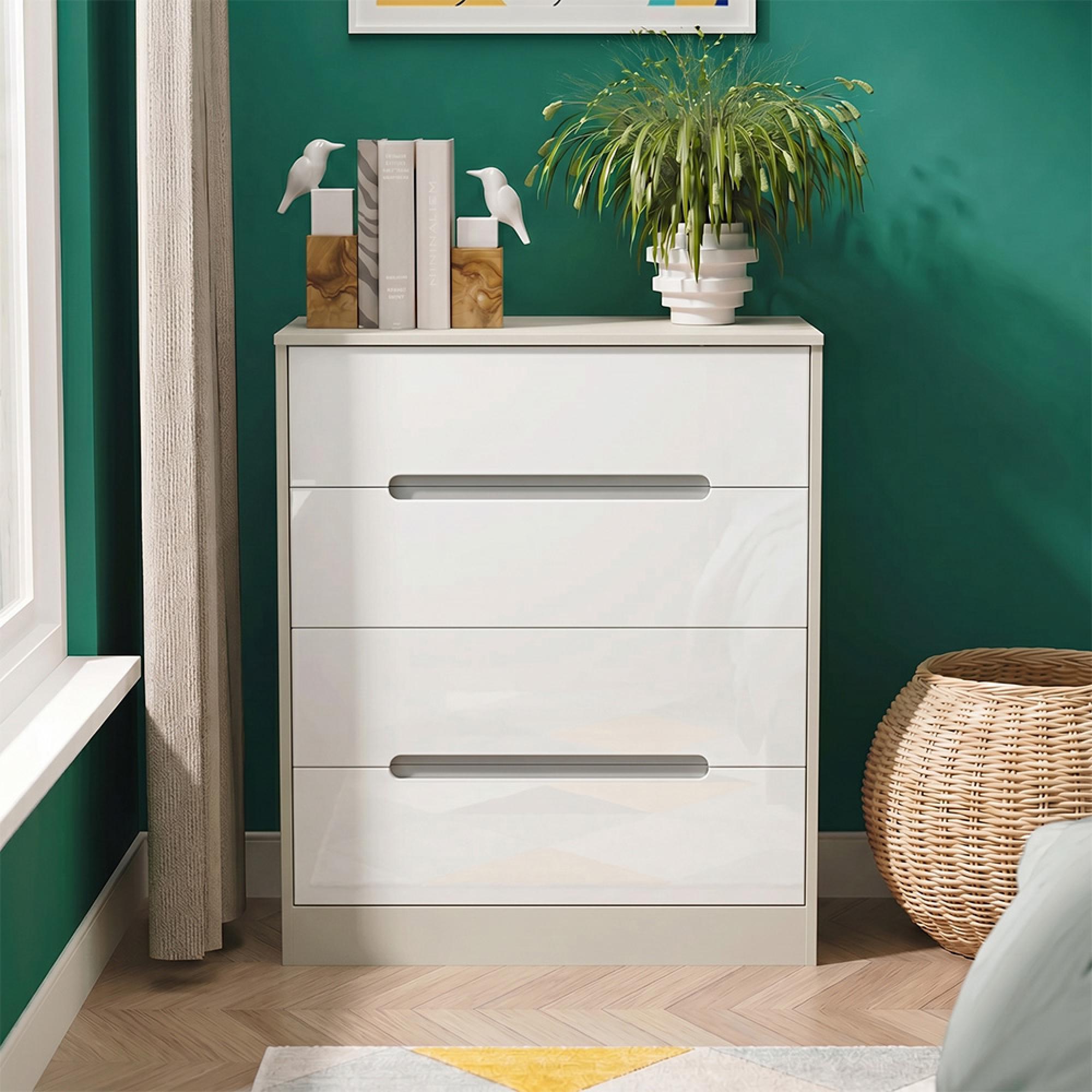 Monaco Chest - Deep - 4 Drawer - White Gloss and Cashmere