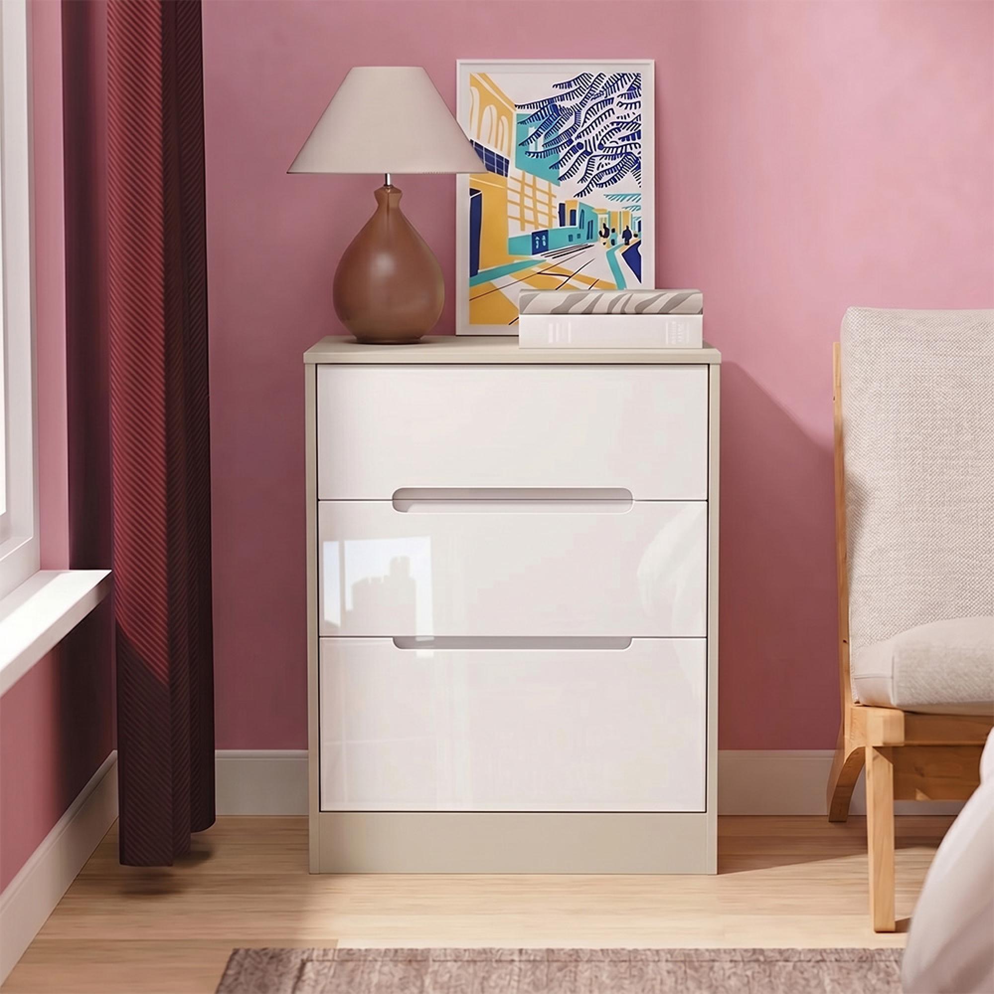 Monaco Chest - Deep Midi - 3 Drawer - White Gloss and Cashmere