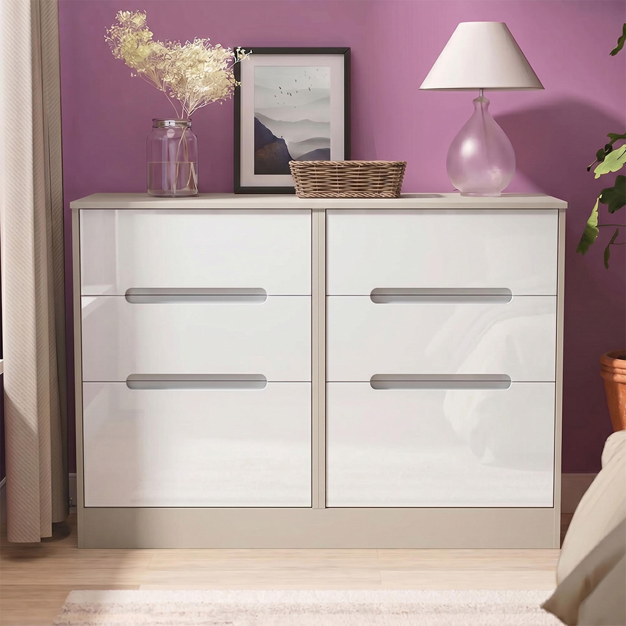 Monaco Chest - Midi - 6 Drawer - White Gloss and Cashmere