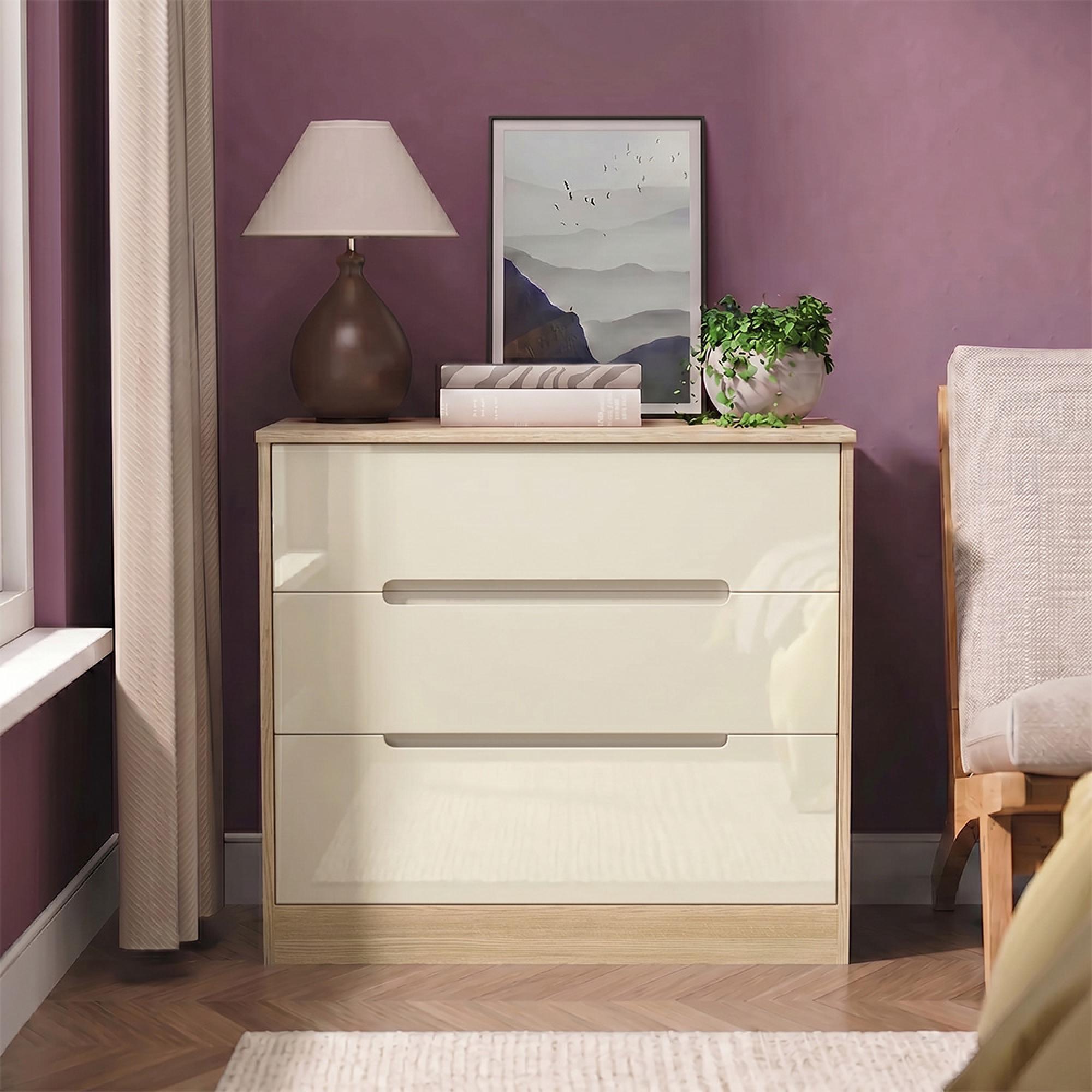 Monaco Chest - Deep - 3 Drawer - Cream Gloss and Light Oak