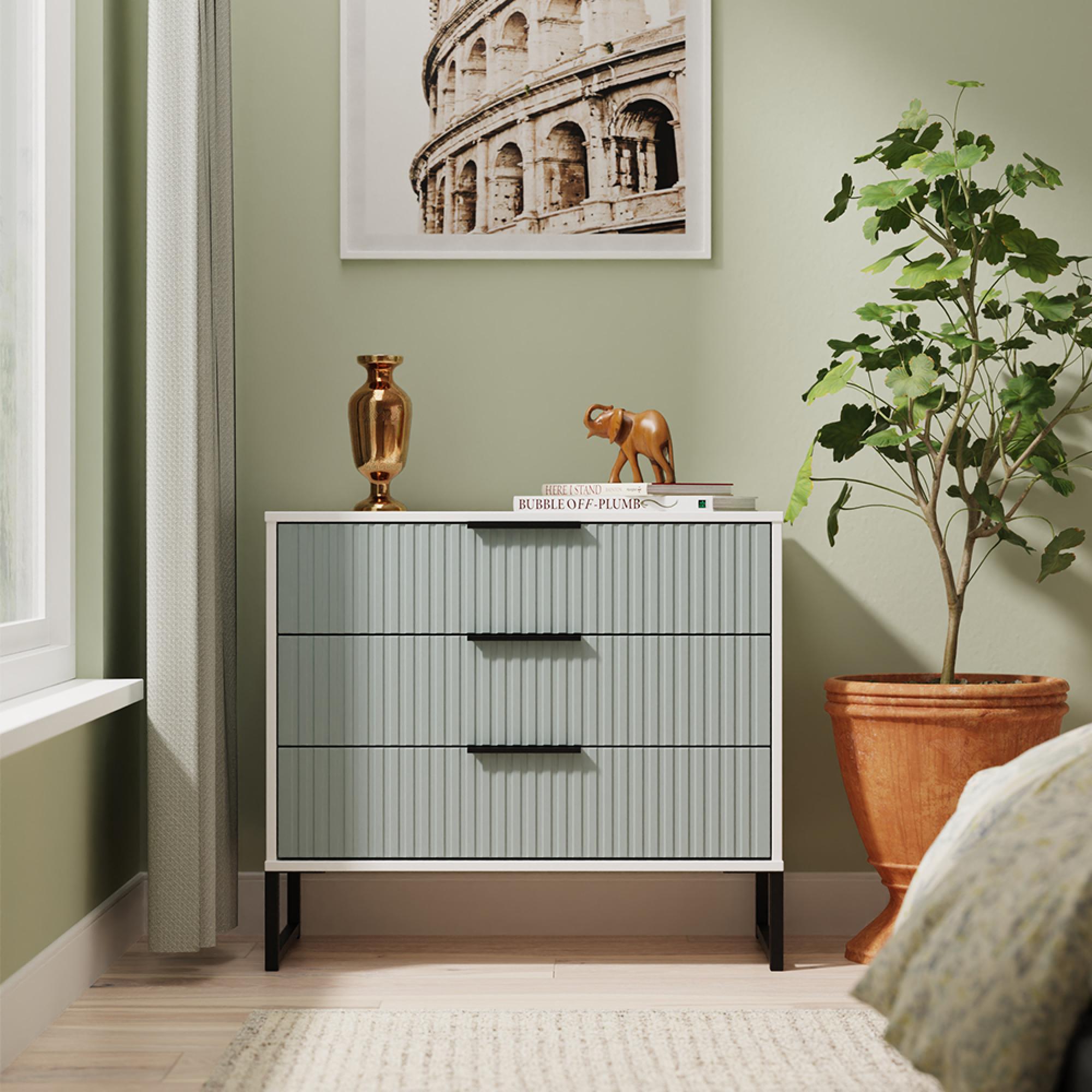 Fluted Chest - 3 Drawer - Duck and White Matt