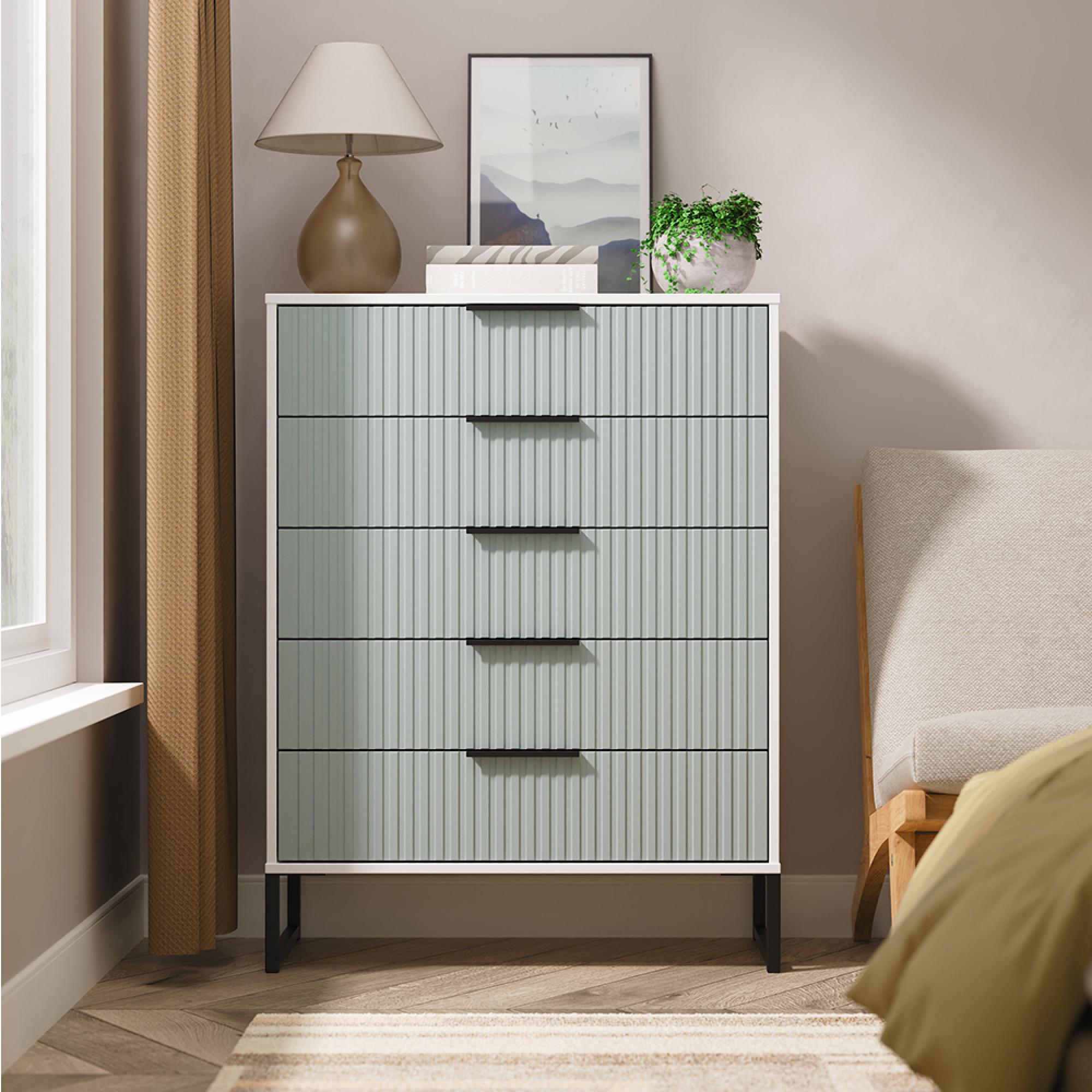 Fluted Chest - 5 Drawer - Wide - Duck and White Matt