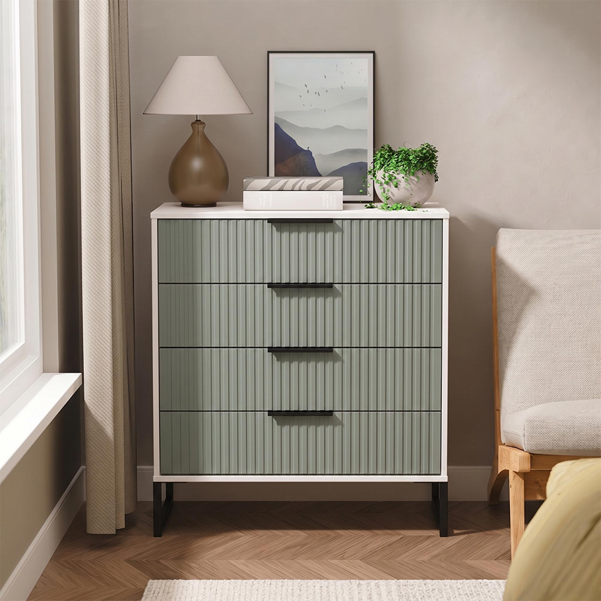 Fluted Chest - 4 Drawer - Reed Green and White Matt
