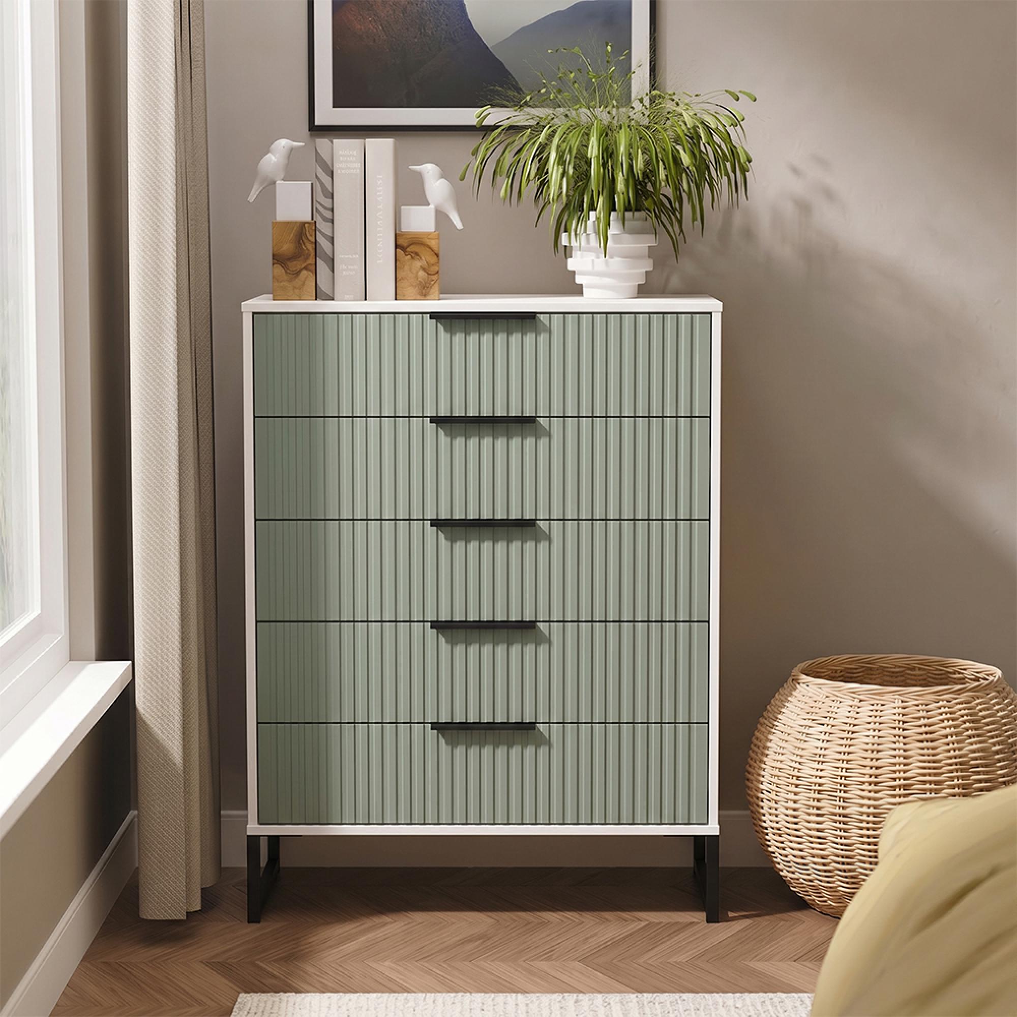 Fluted Chest - 5 Drawer - Wide - Reed Green and White Matt