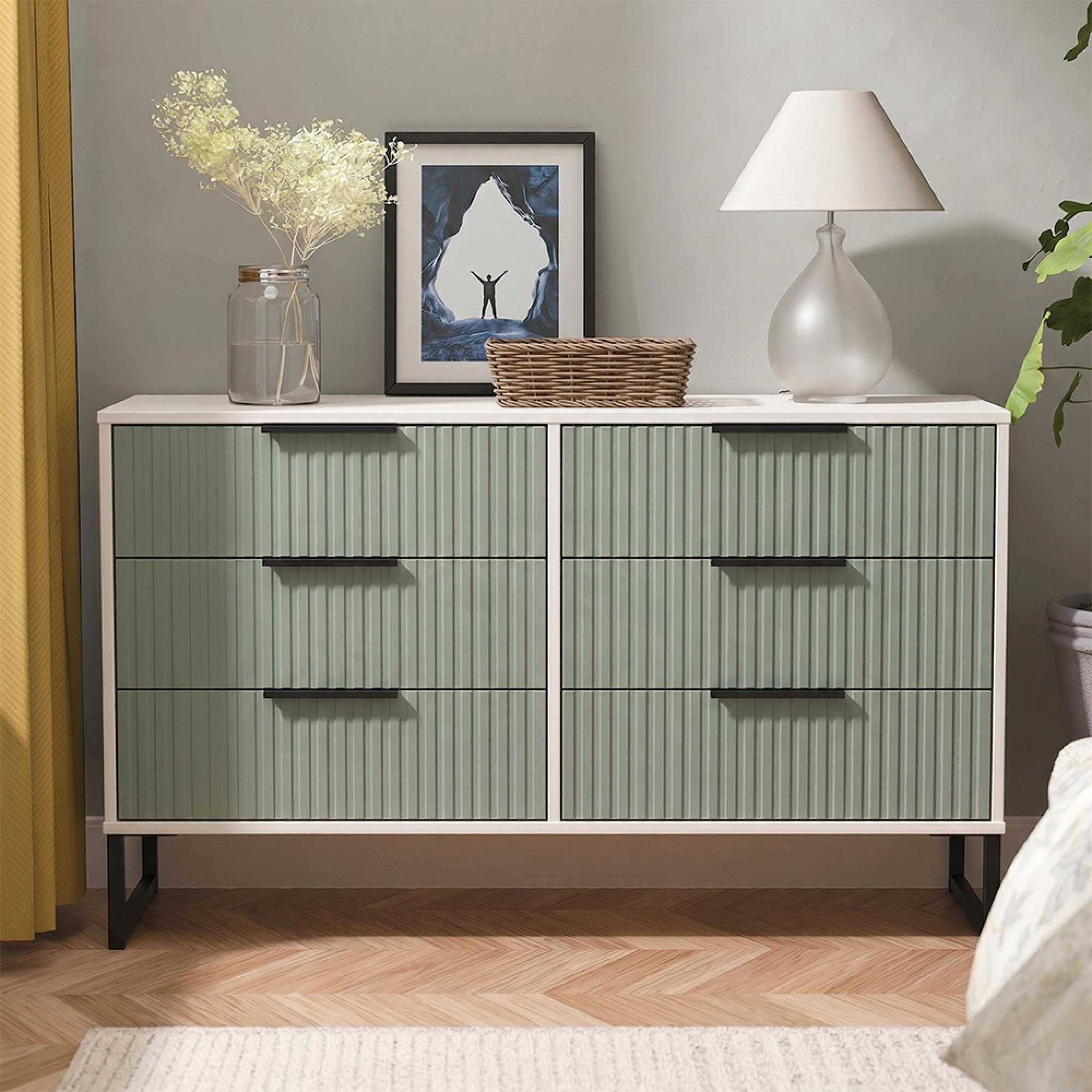 Fluted Chest - 6 Drawer - Midi - Reed Green and White Matt