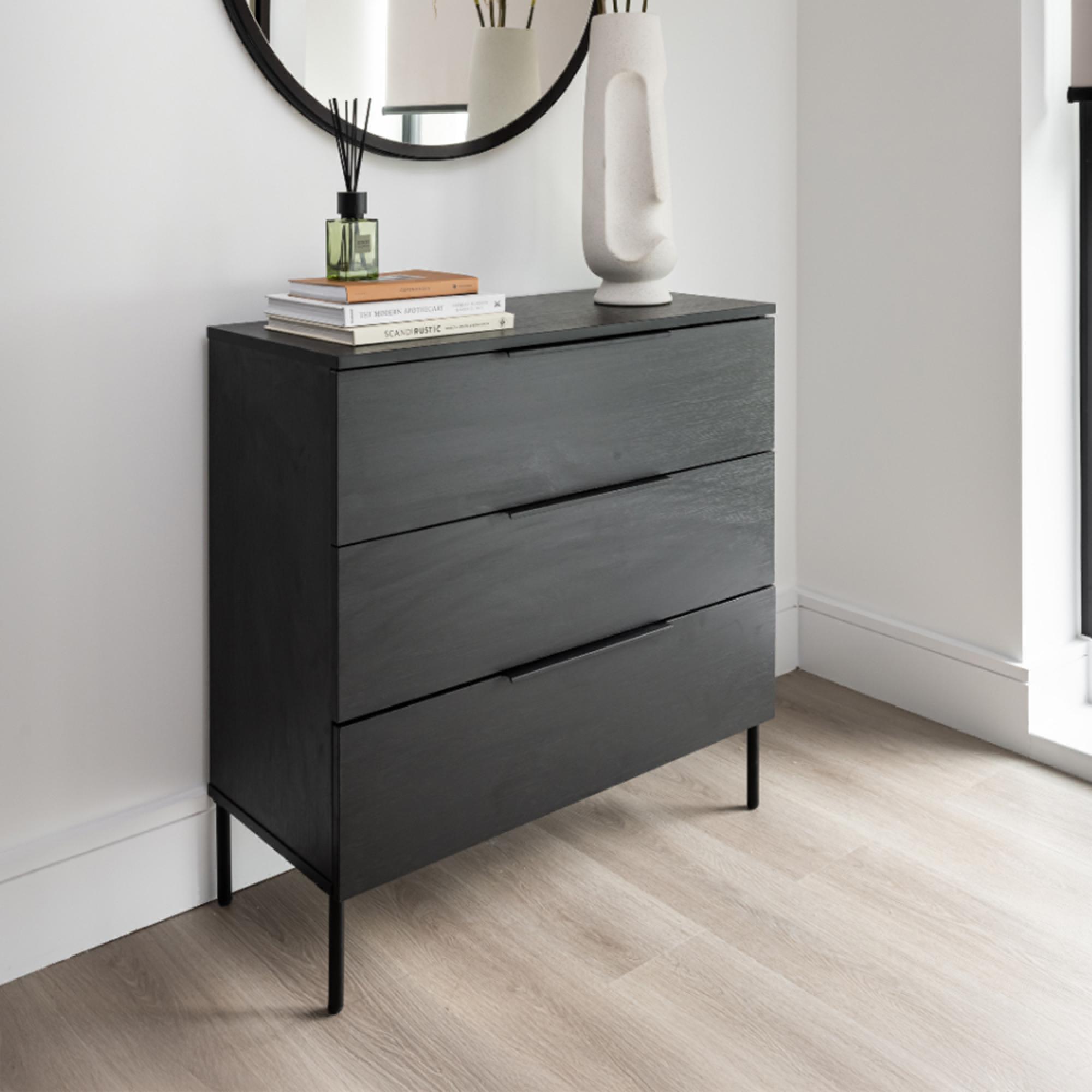 Luna Wide Chest - 3 Drawer - Black - Wood and Metal