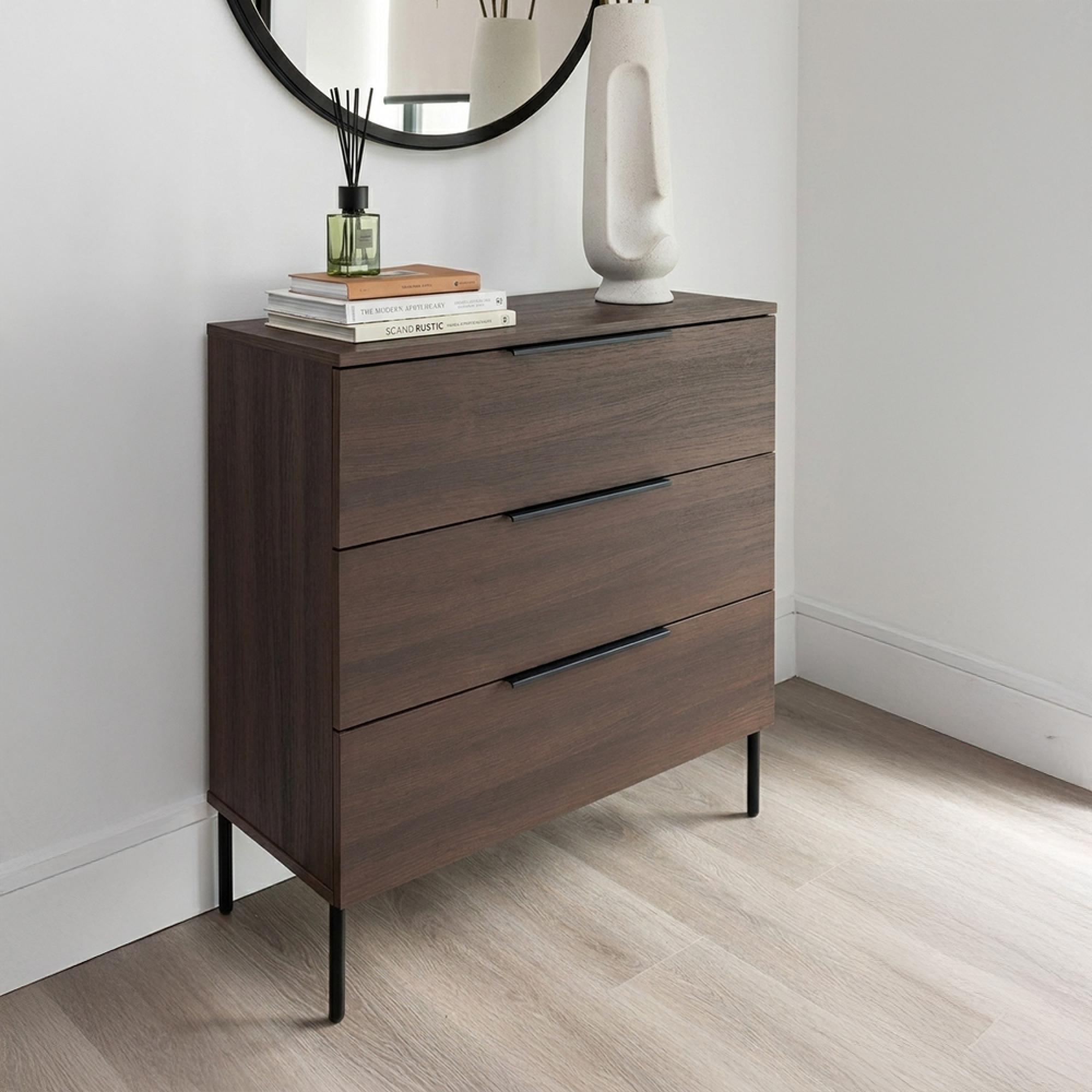 Luna Wide Chest - 3 Drawer - Espresso and Black - Wood and Metal