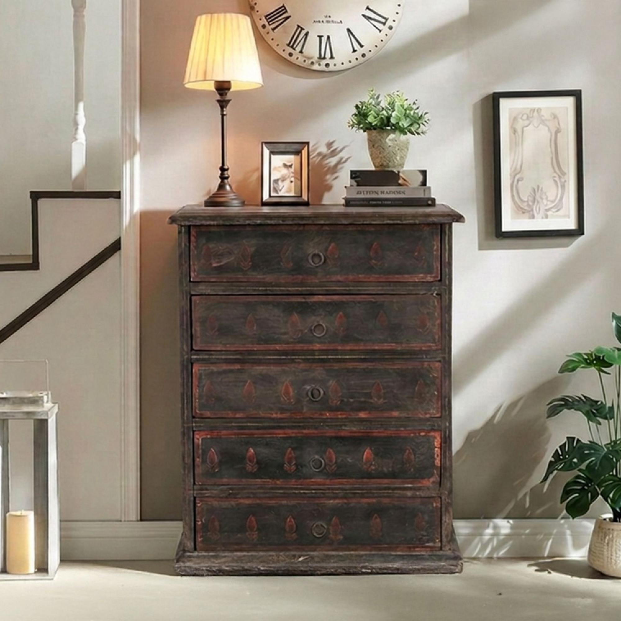 Distressed Chest - 5 Drawer - Rustic Brown - Wooden