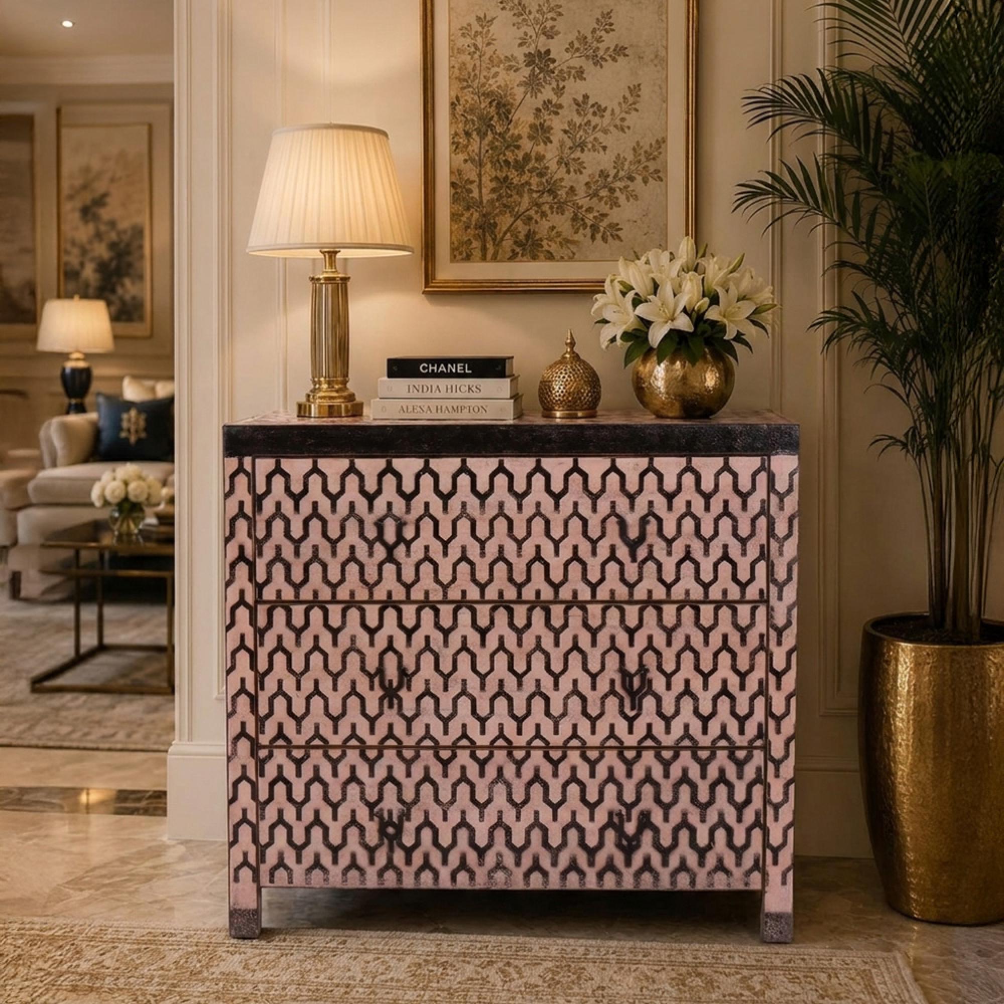 Zaza Chest - 3 Drawer - Geometric Design - Black - Wood