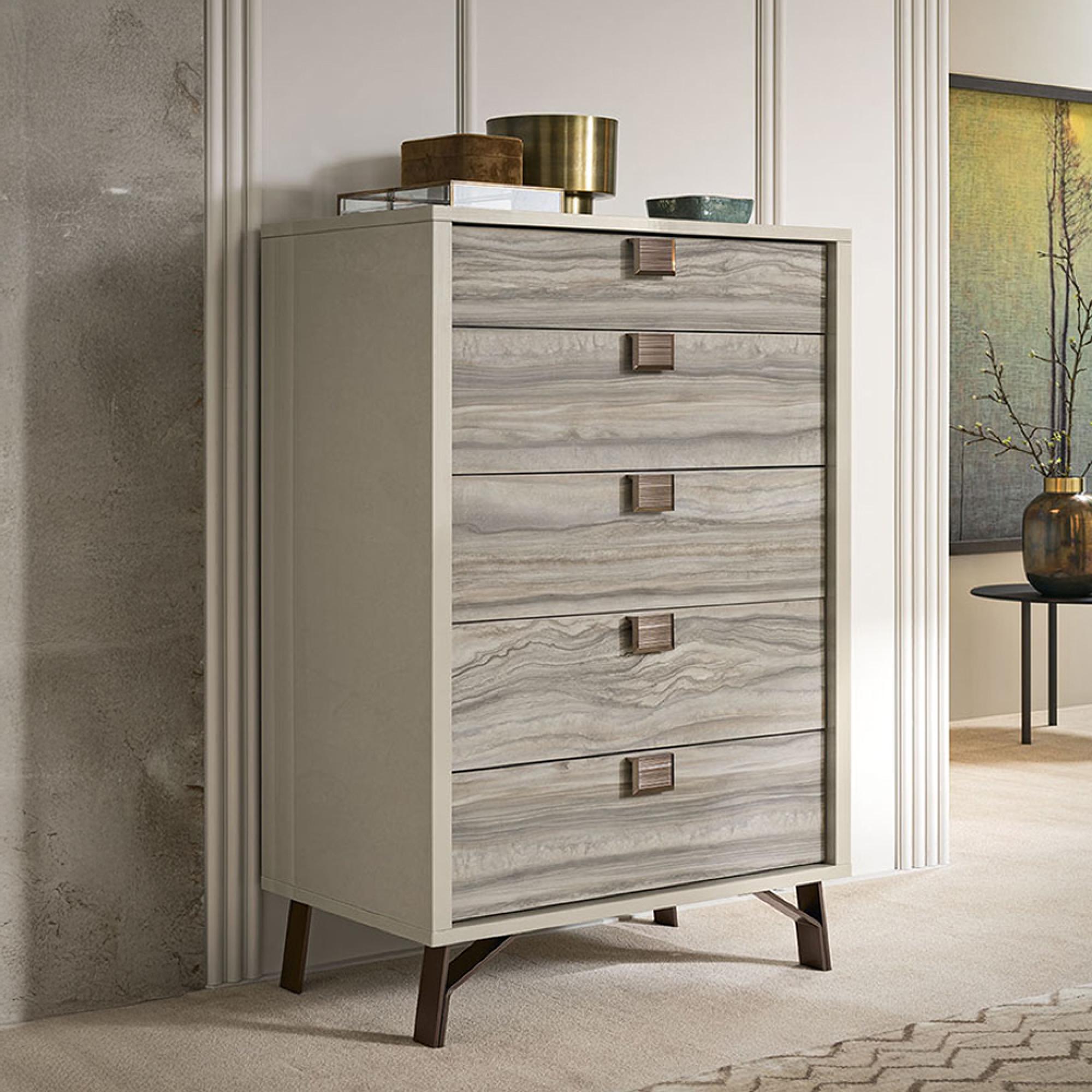Jupiter Narrow Chest - 5 Drawer - Eco Stone and High Gloss Pearl Line
