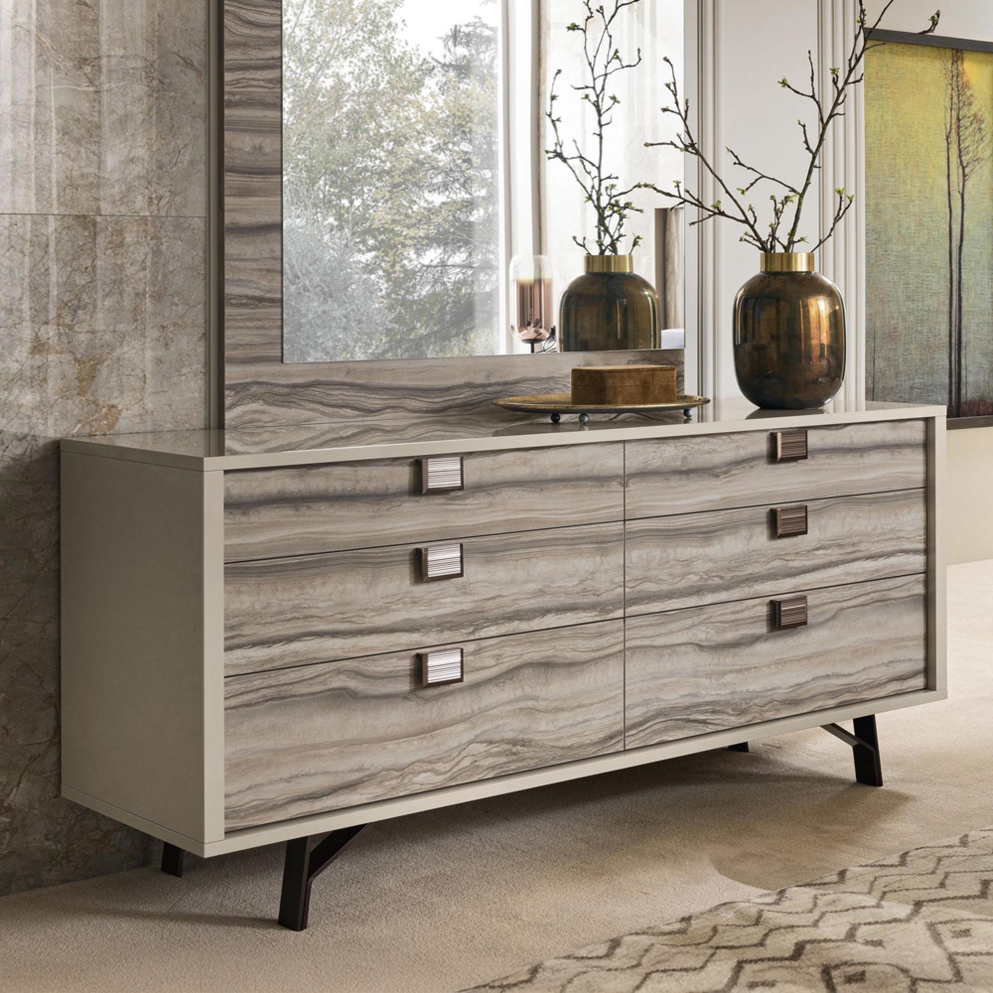 Jupiter Wide Chest - 6 Drawer - Eco Stone and High Gloss Pearl Line