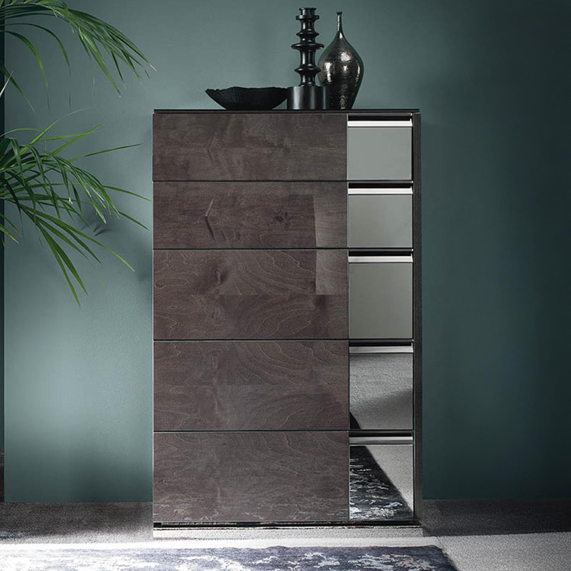 Heritage Narrow Chest - 5 Drawer - with Mirrored Accent - Dark Velvet Birch High Gloss