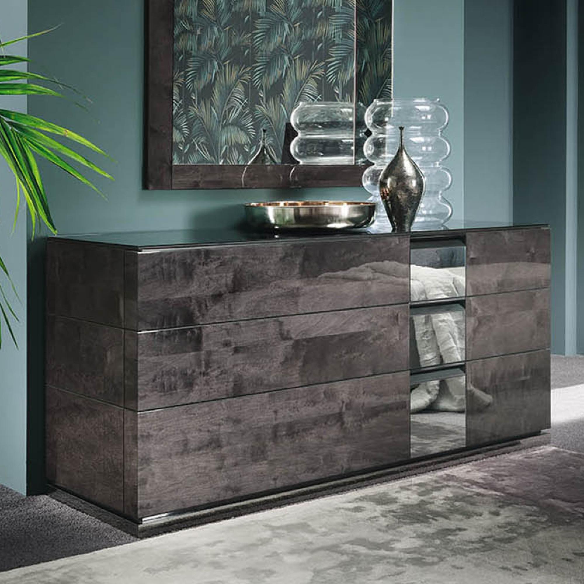 Heritage Wide Chest - 3 Drawer - with Mirrored Accent - Dark Velvet Birch High Gloss