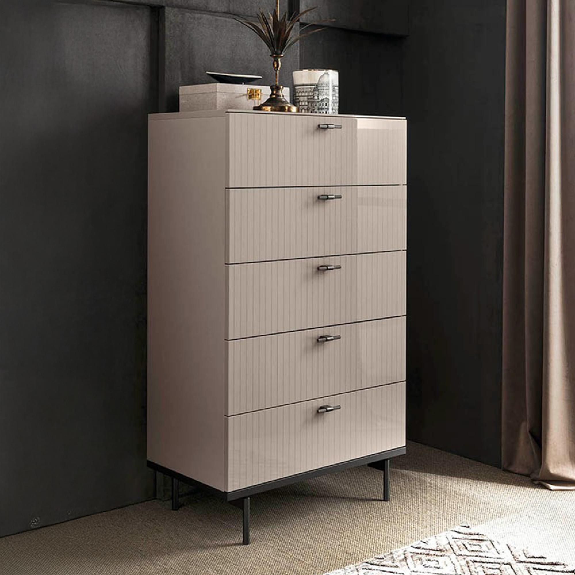 Claire Fluted Narrow Chest - 5 Drawer - Pearl Line Eco Veneer High Gloss and Black