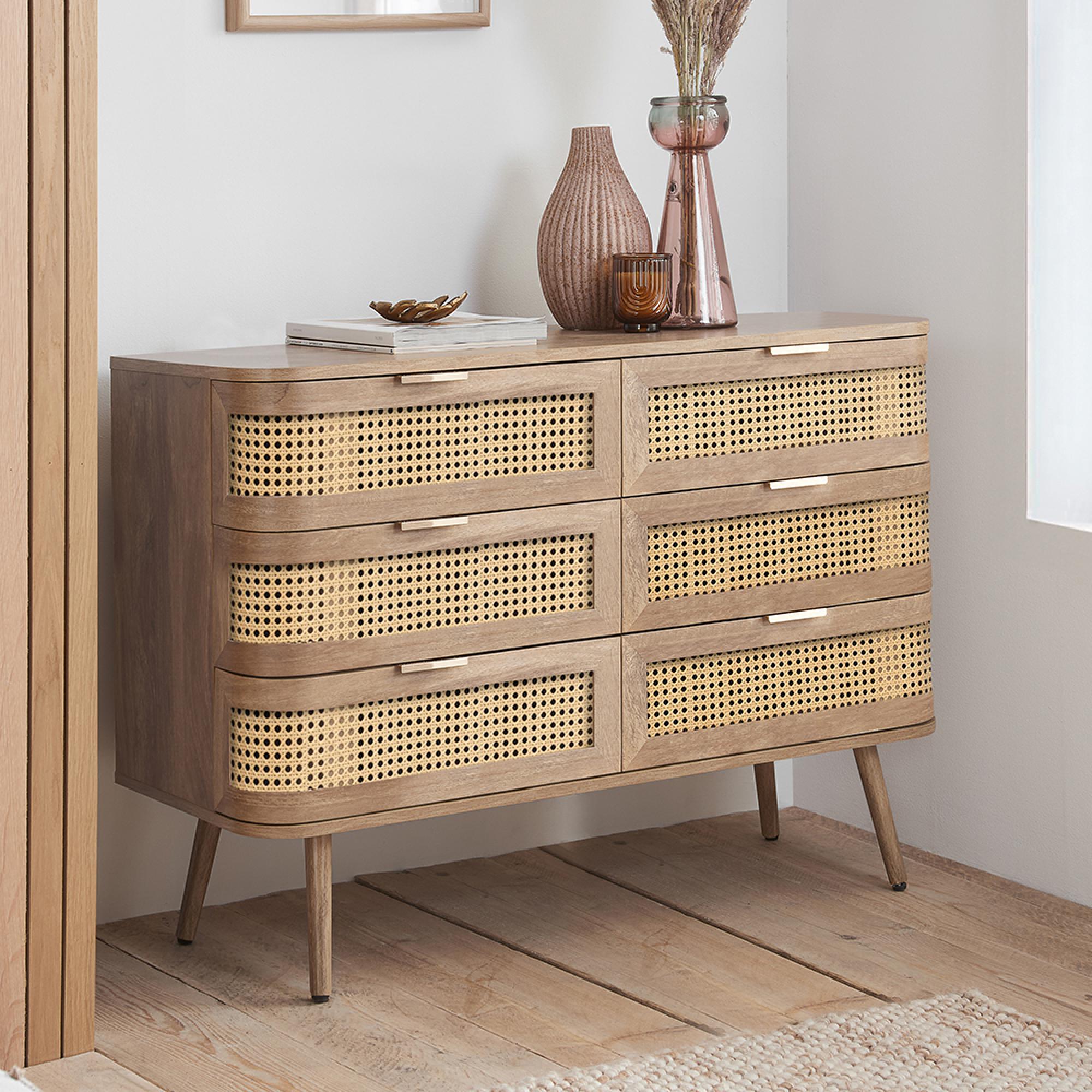 Noah Curved Chest - 6 Drawer - Wide - Oak and Rattan