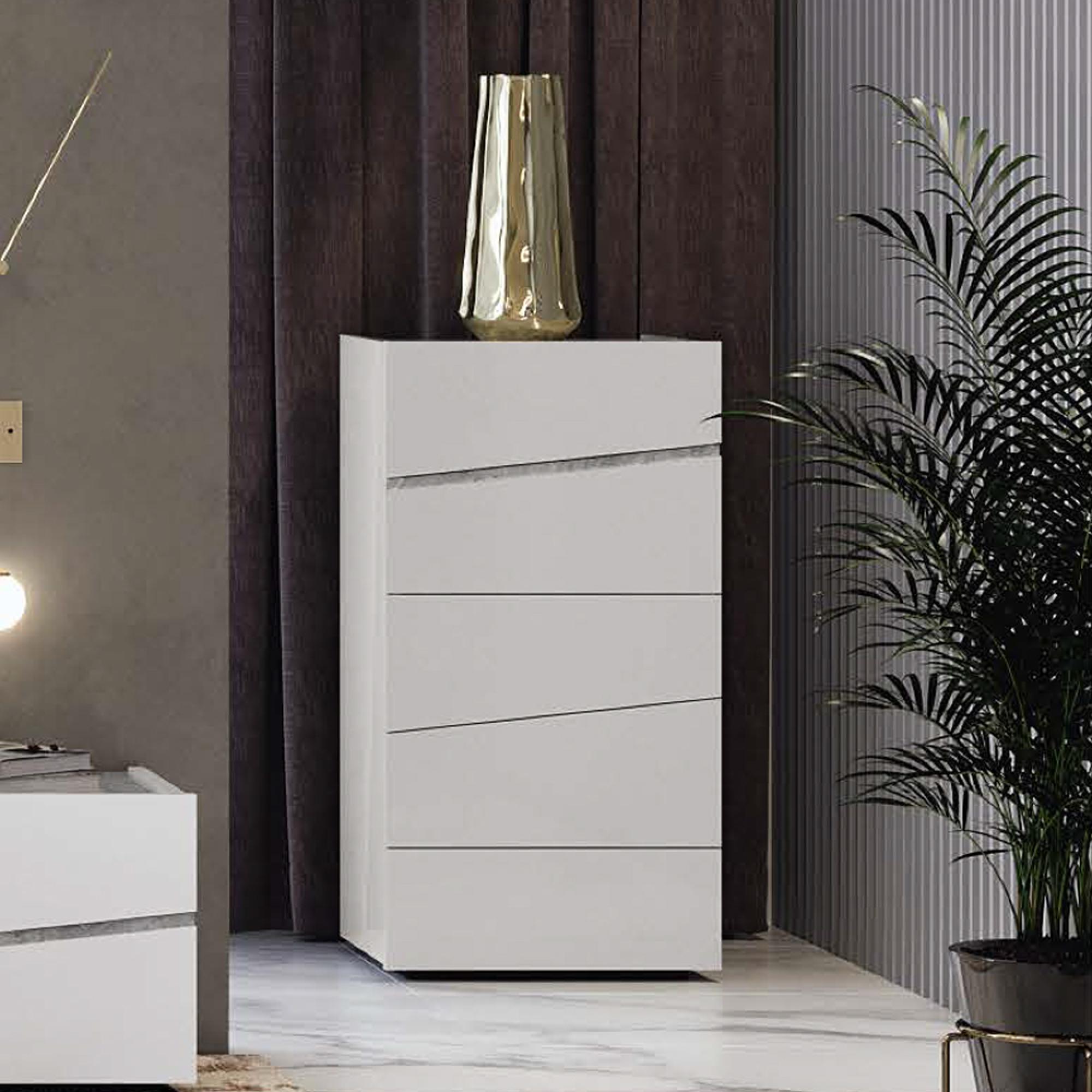 Alba Italian Tall Chest - 5 Drawer - White - Carrara Marble Inlay