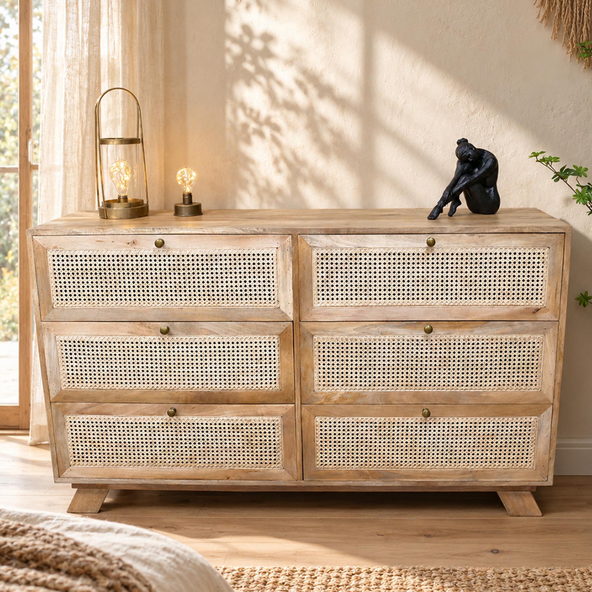 Chest - Mango Wood and Rattan - 6 Drawer - Wide
