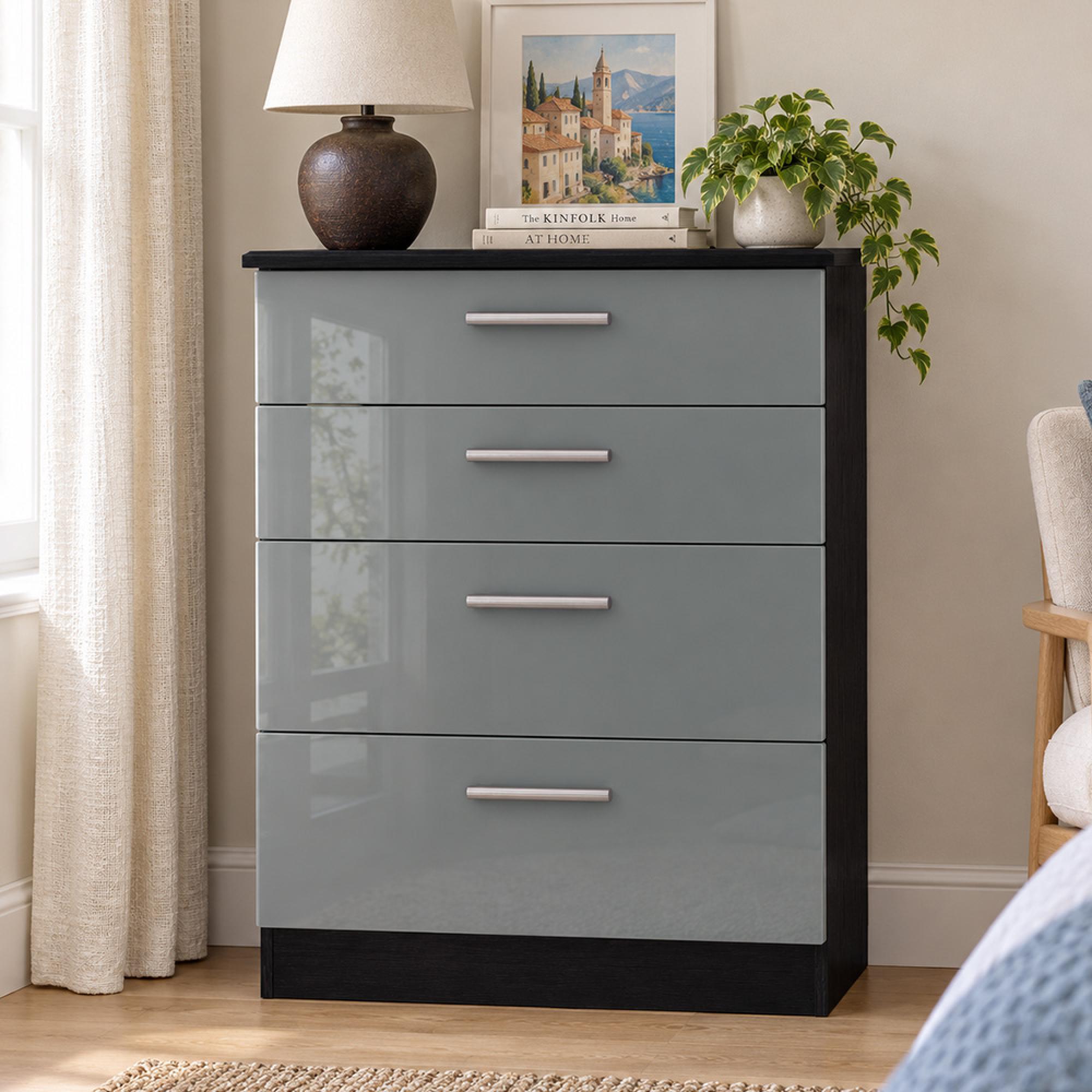 Knightsbridge Grey Gloss and Black 4 Drawer Deep Chest